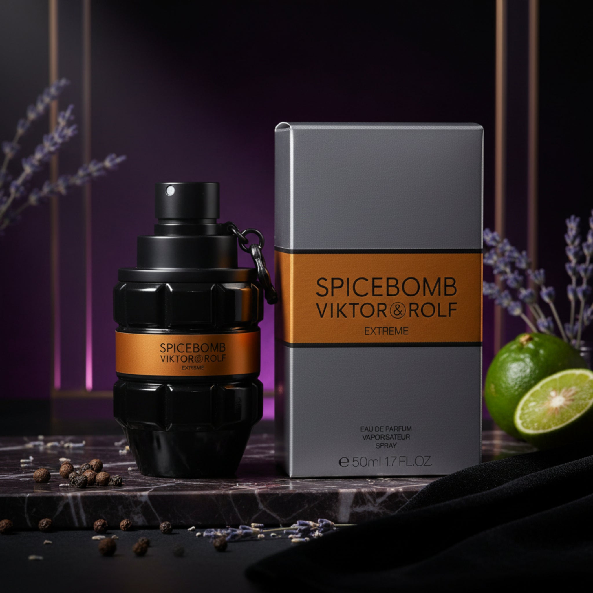 Spicebomb Viktor & Rolf Extreme perfume bottle and packaging on a table with a blurred green outdoor background