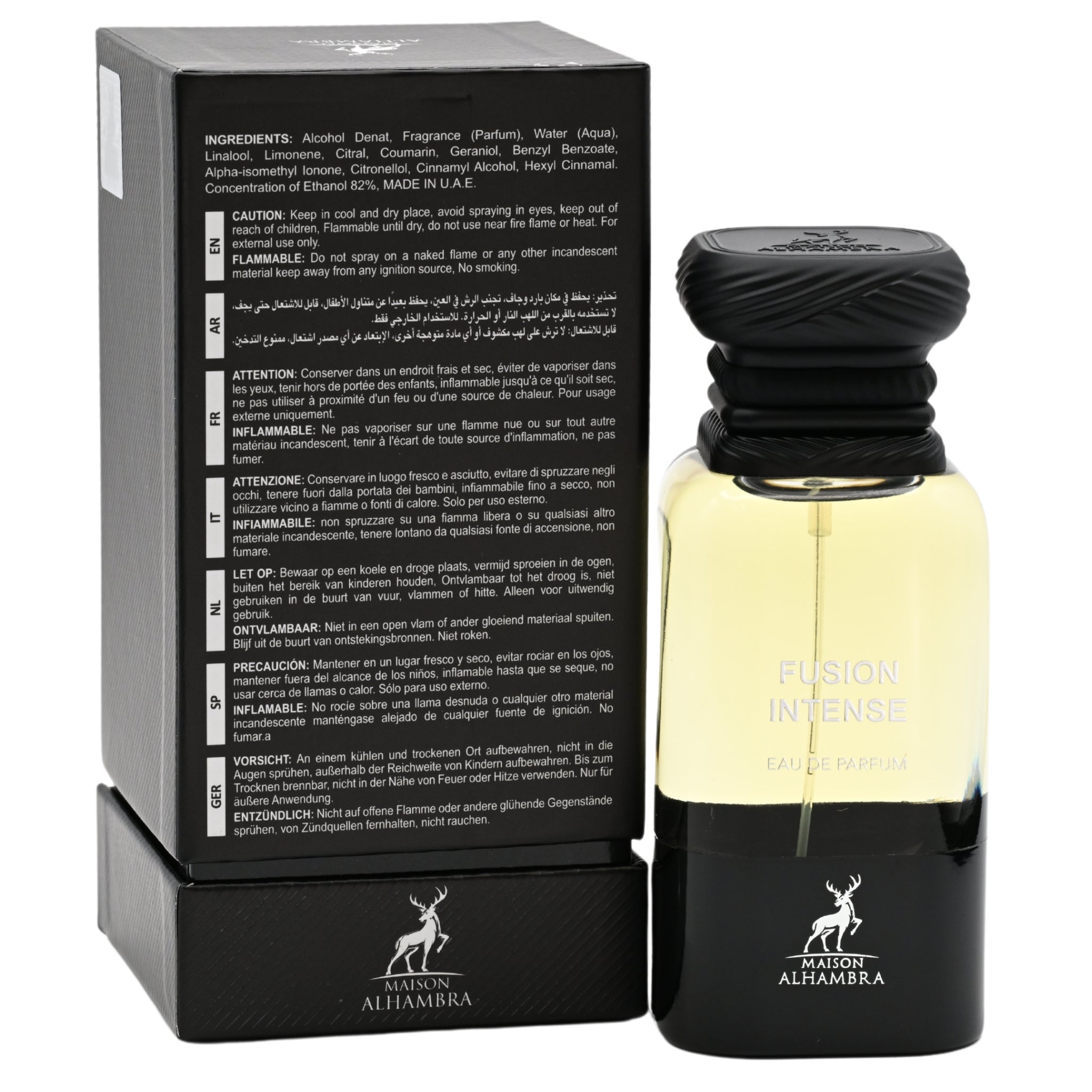 Perfume bottle with packaging displaying 'Maison Alhambra' branding on a white background.