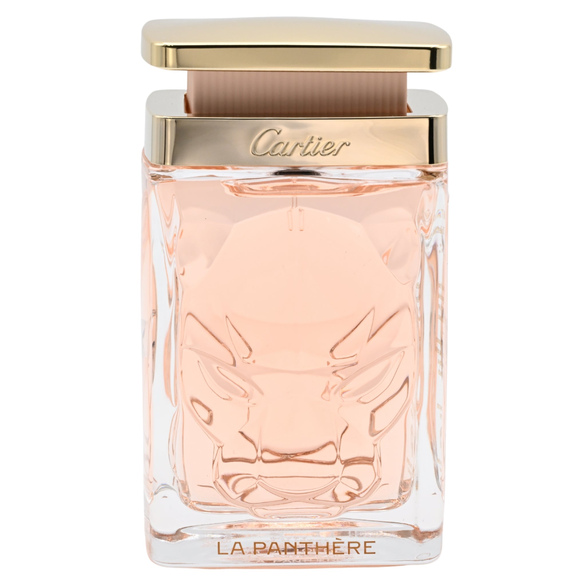 Cartier La Panthere perfume bottle on a white background