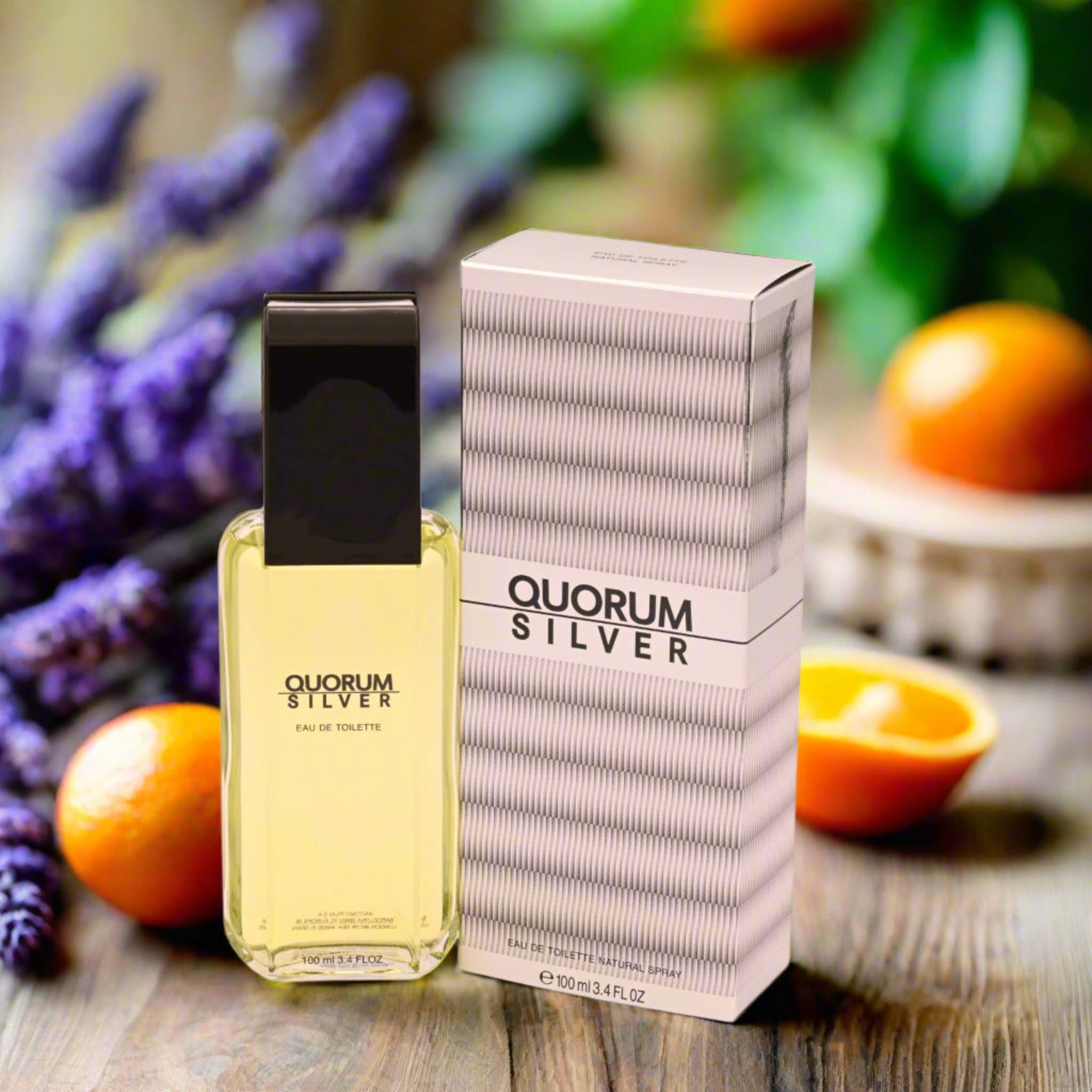 Quorum Silver perfume bottle and packaging on a white background