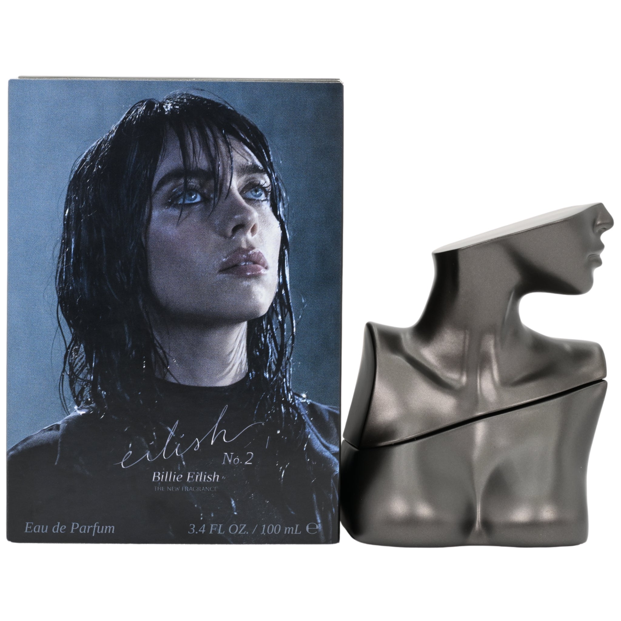 Perfume bottle and packaging with a stylized face design on a white background