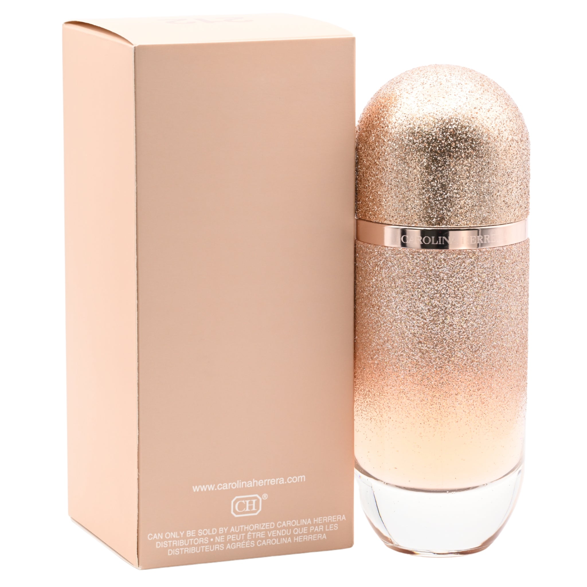 Gold glittery perfume bottle with matching box on a white background
