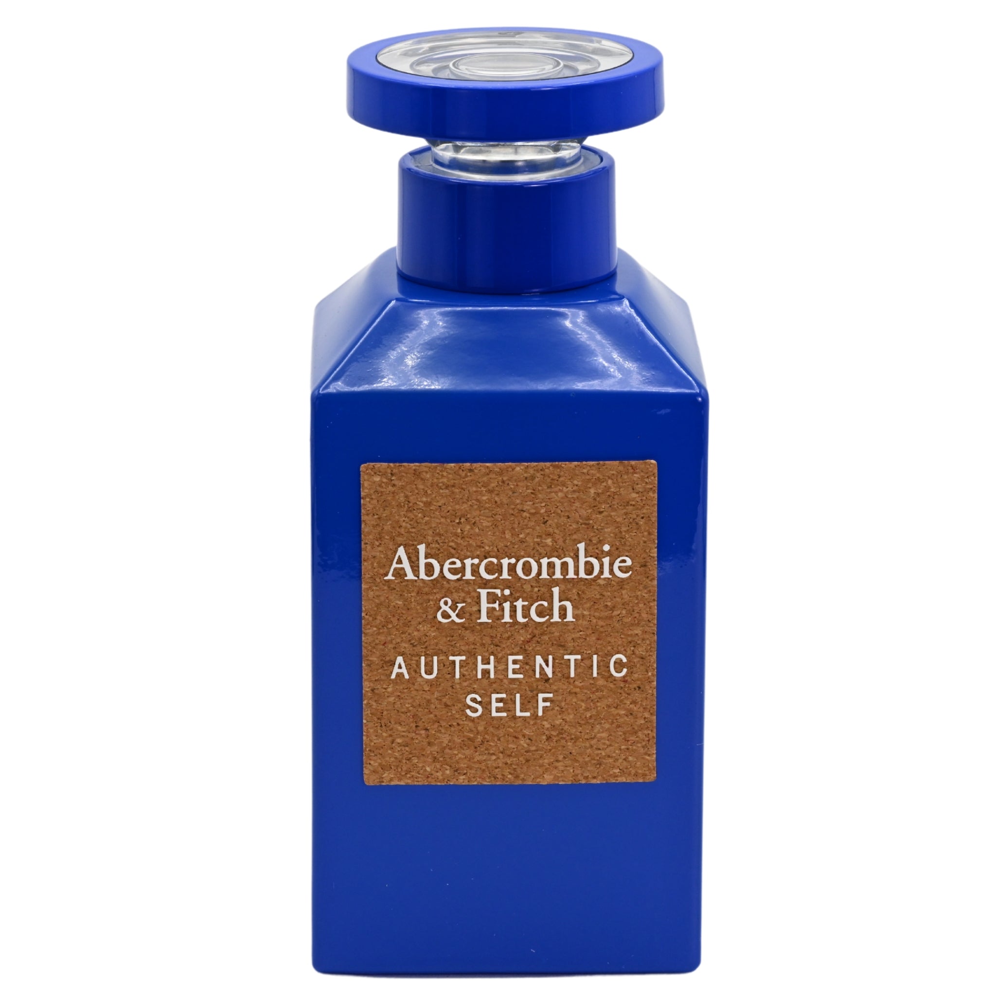 Blue Abercrombie & Fitch perfume bottle on a white background