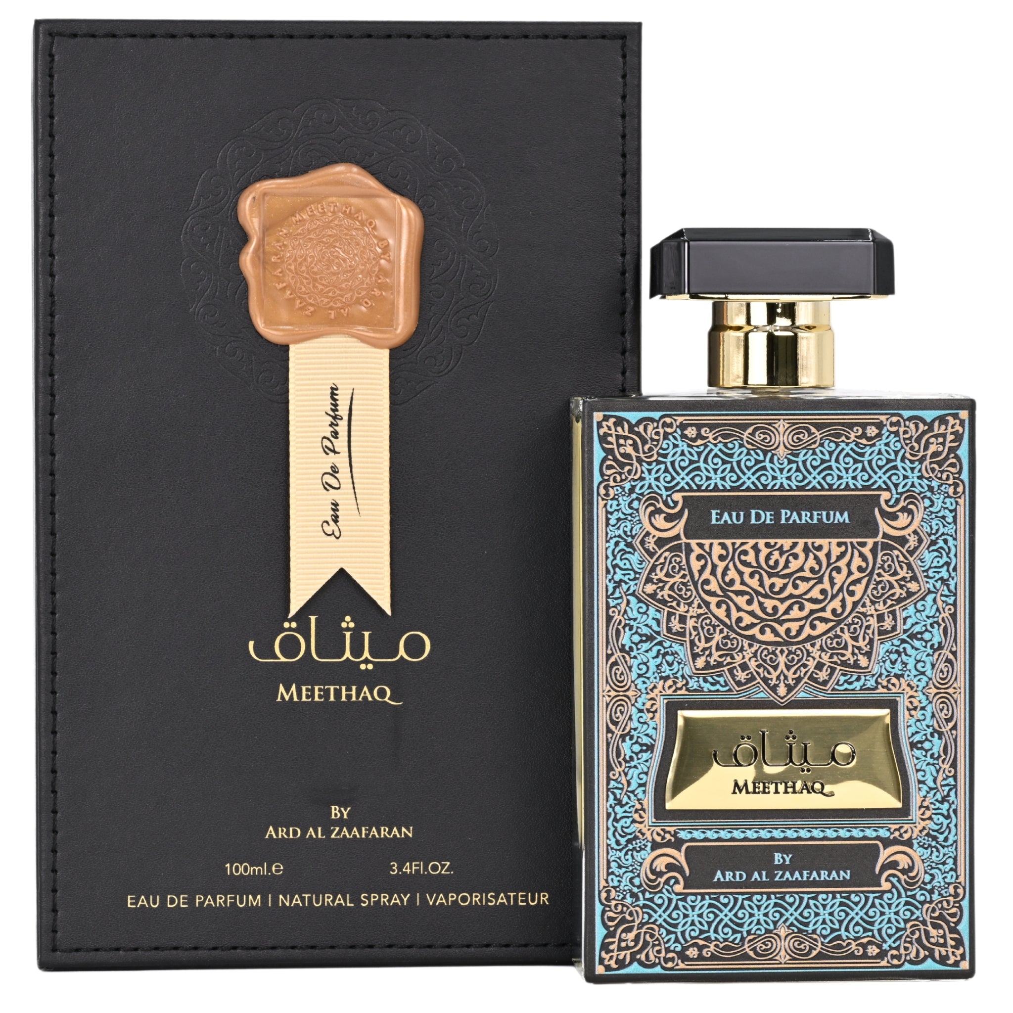 Eau de Parfum bottle with decorative packaging and black background