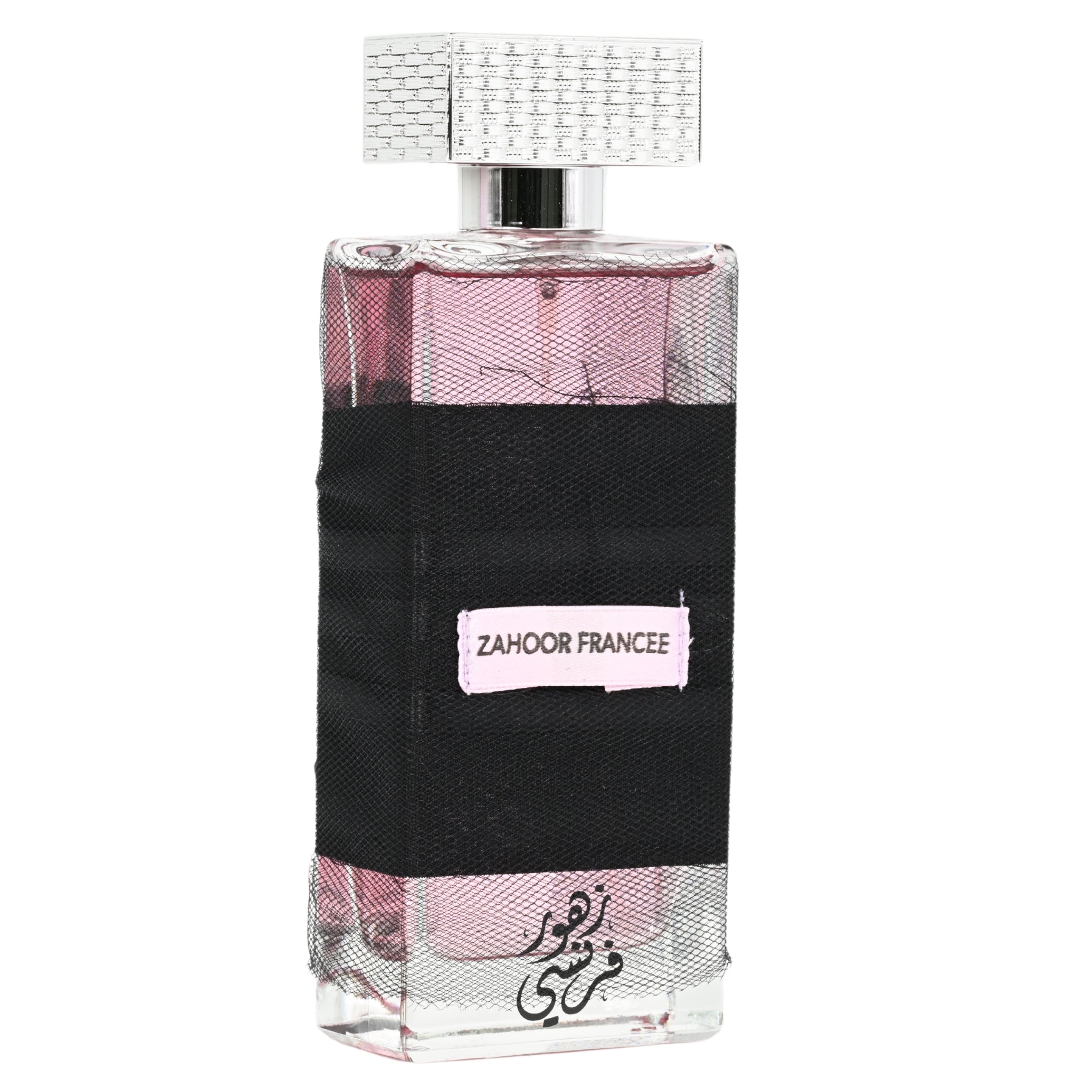 Perfume bottle with black and pink design on a white background