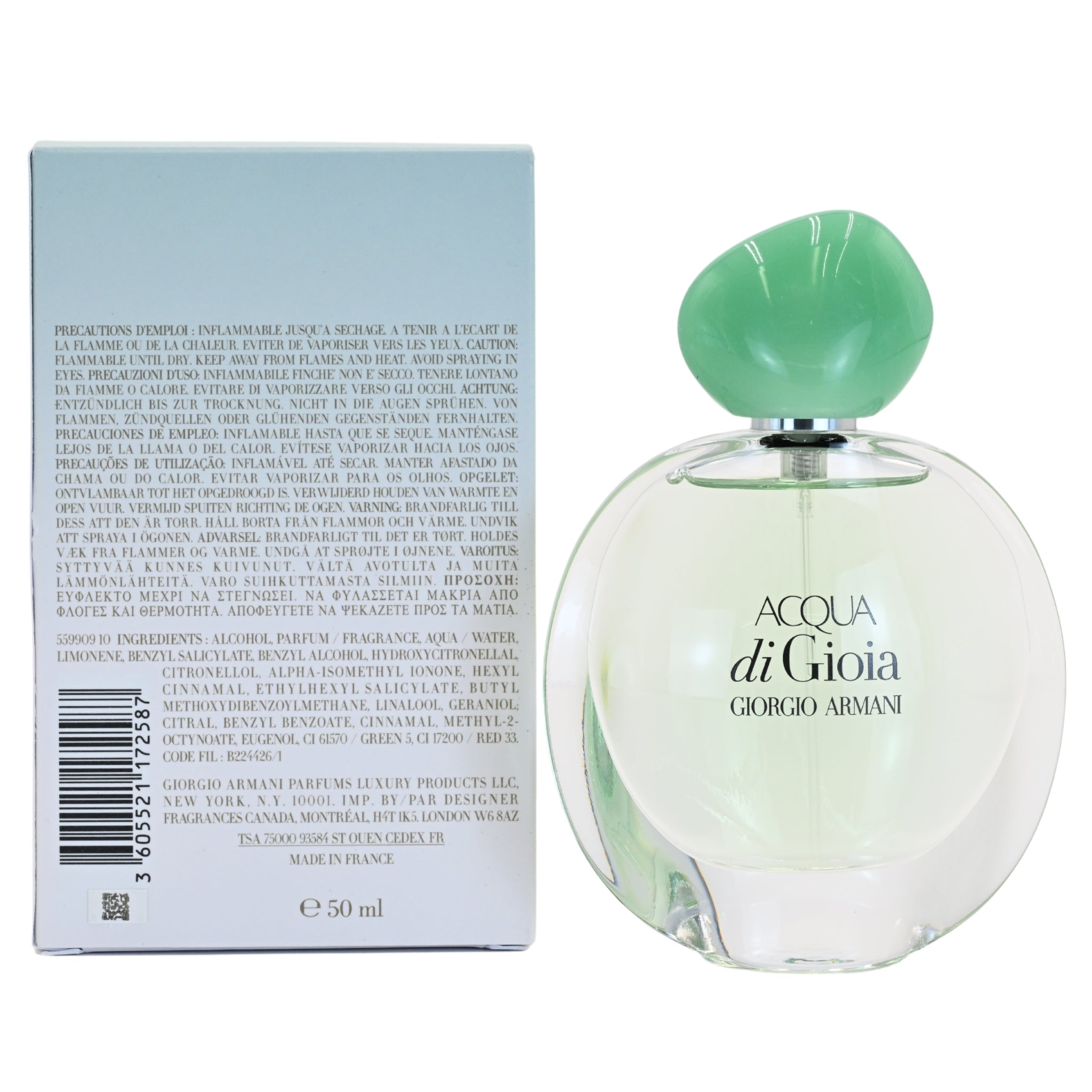 Giorgio Armani Acqua di Gioia perfume bottle with green cap and clear bottle on a white background