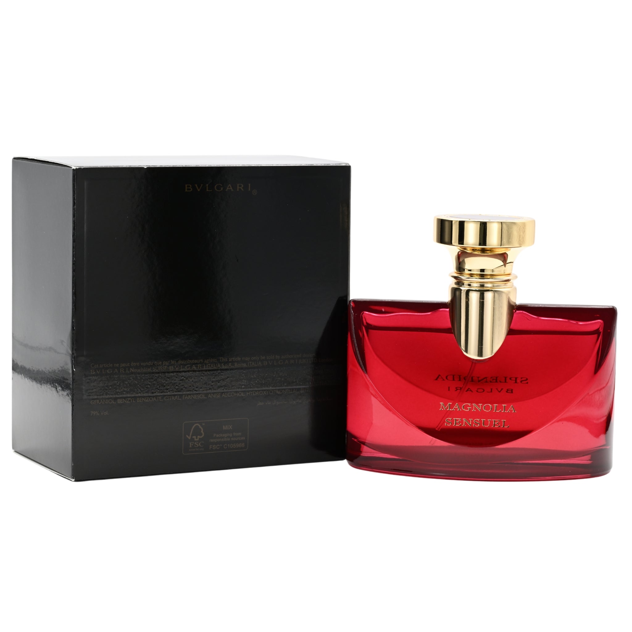 Red perfume bottle with gold cap and black box on a white background