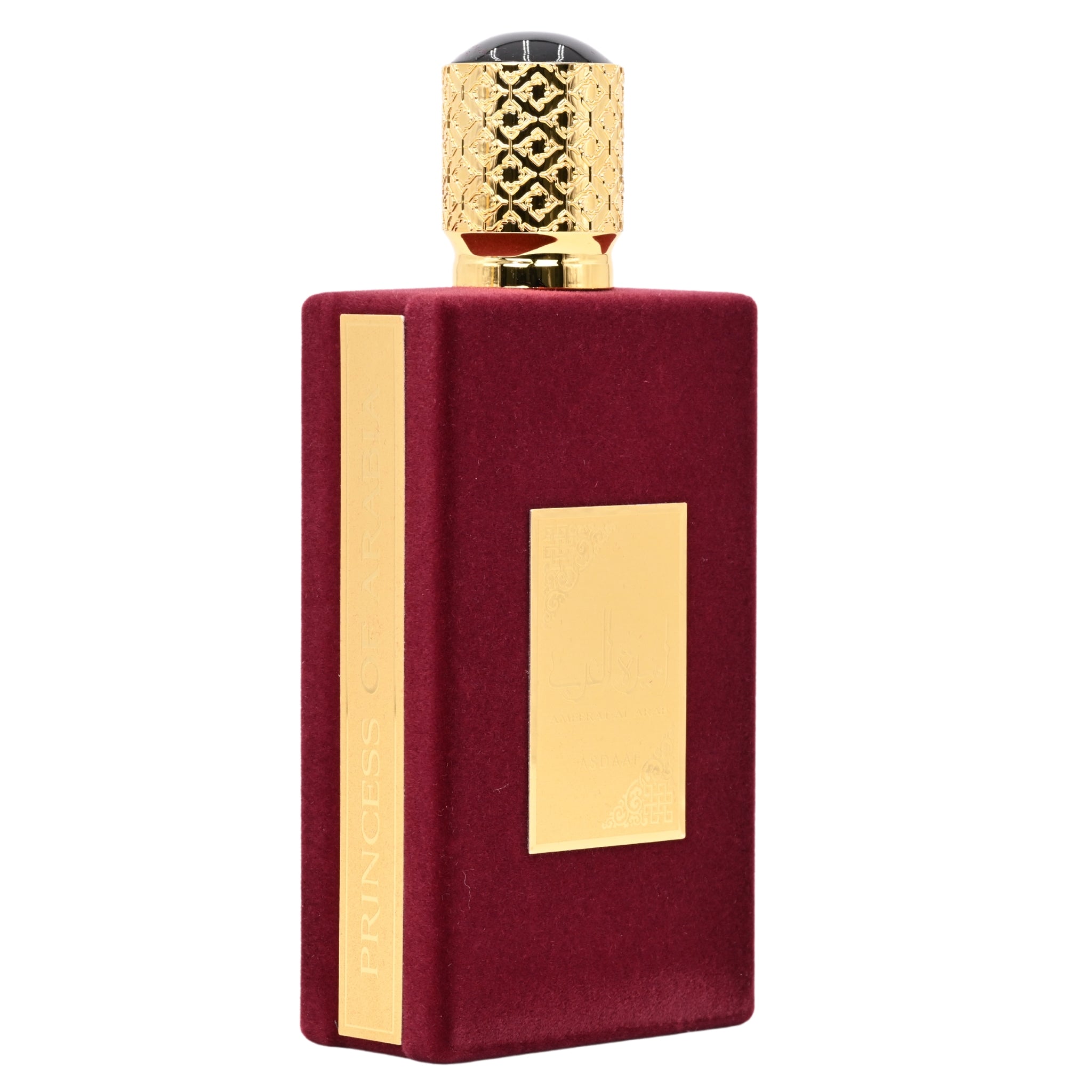 Red and gold perfume bottle on a white background