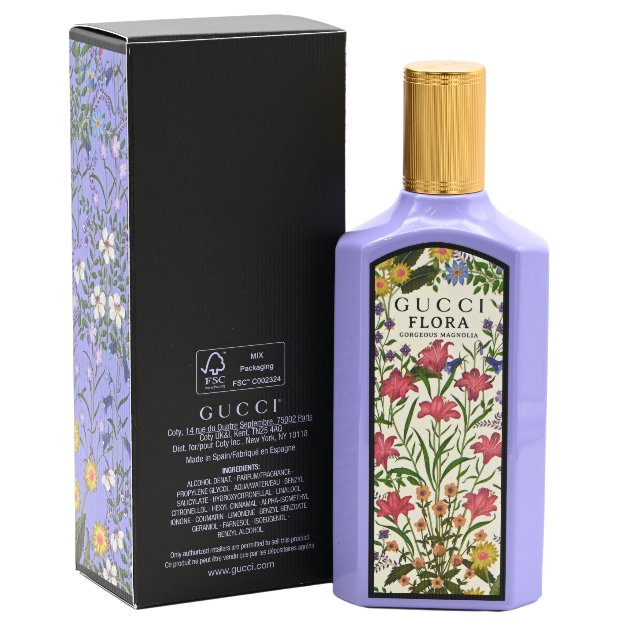 Gucci Flora perfume bottle with floral design and packaging on a white background