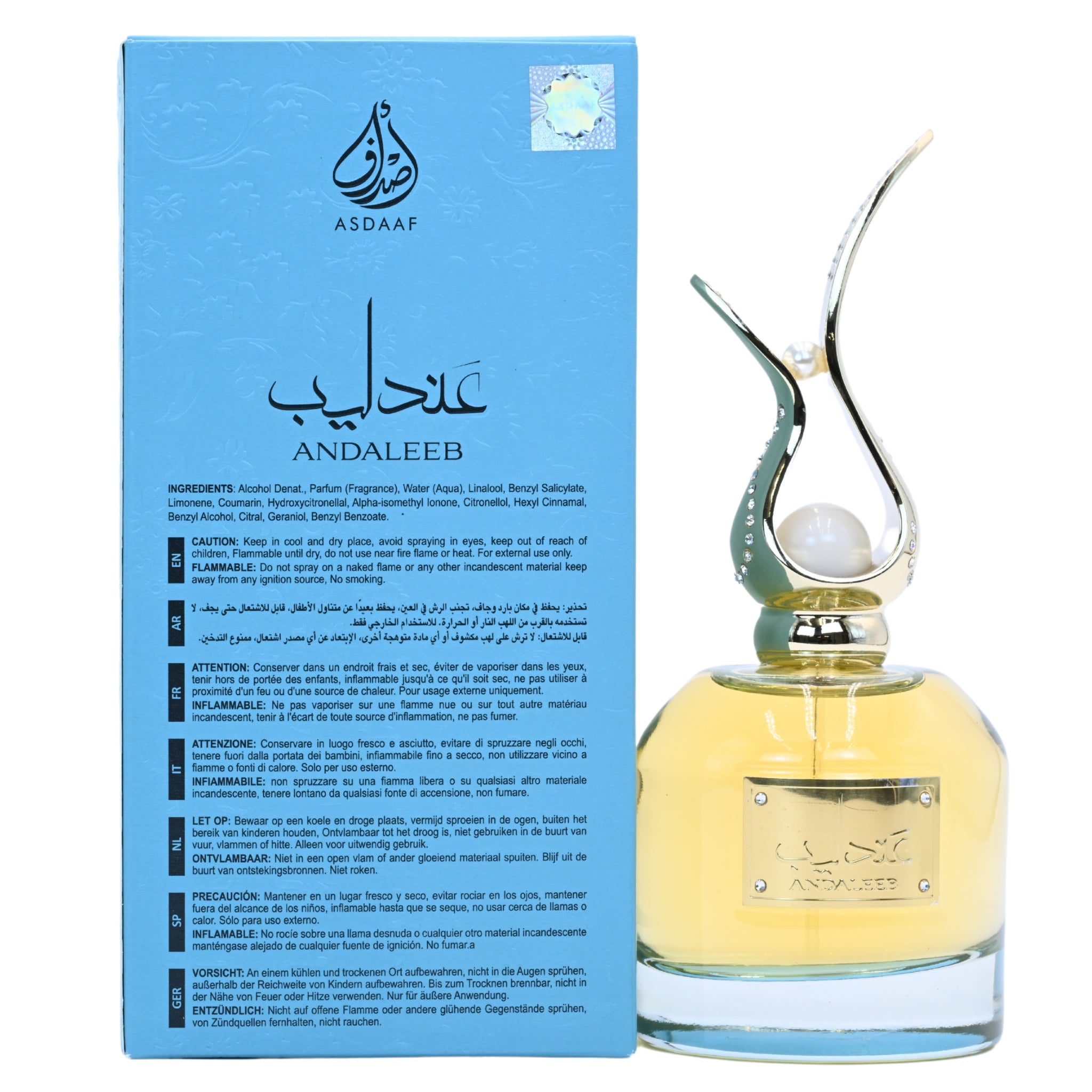Andaleeb perfume bottle with blue packaging on a white background