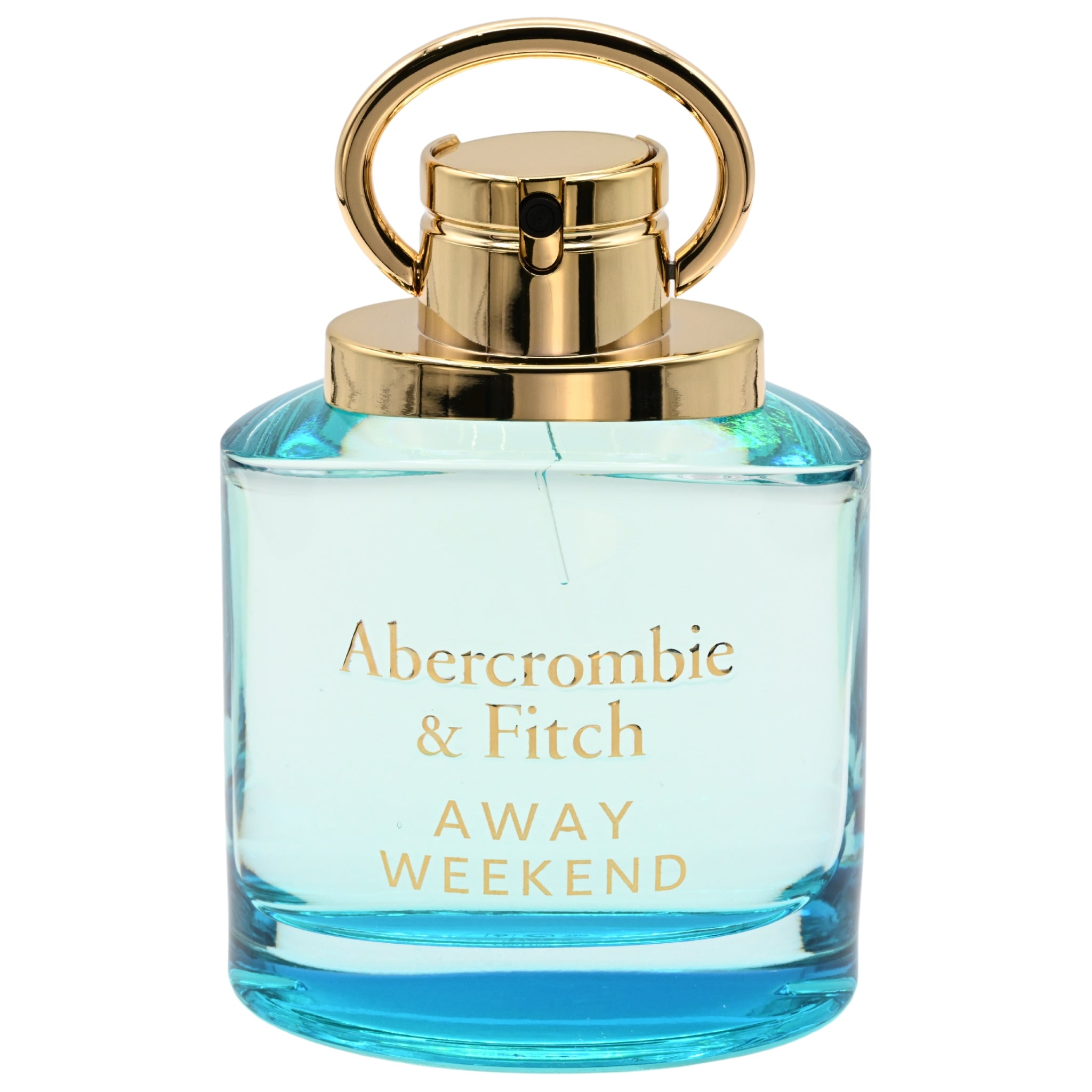 Perfume bottle with gold cap and 'Abercrombie & Fitch Away Weekend' text on a white background