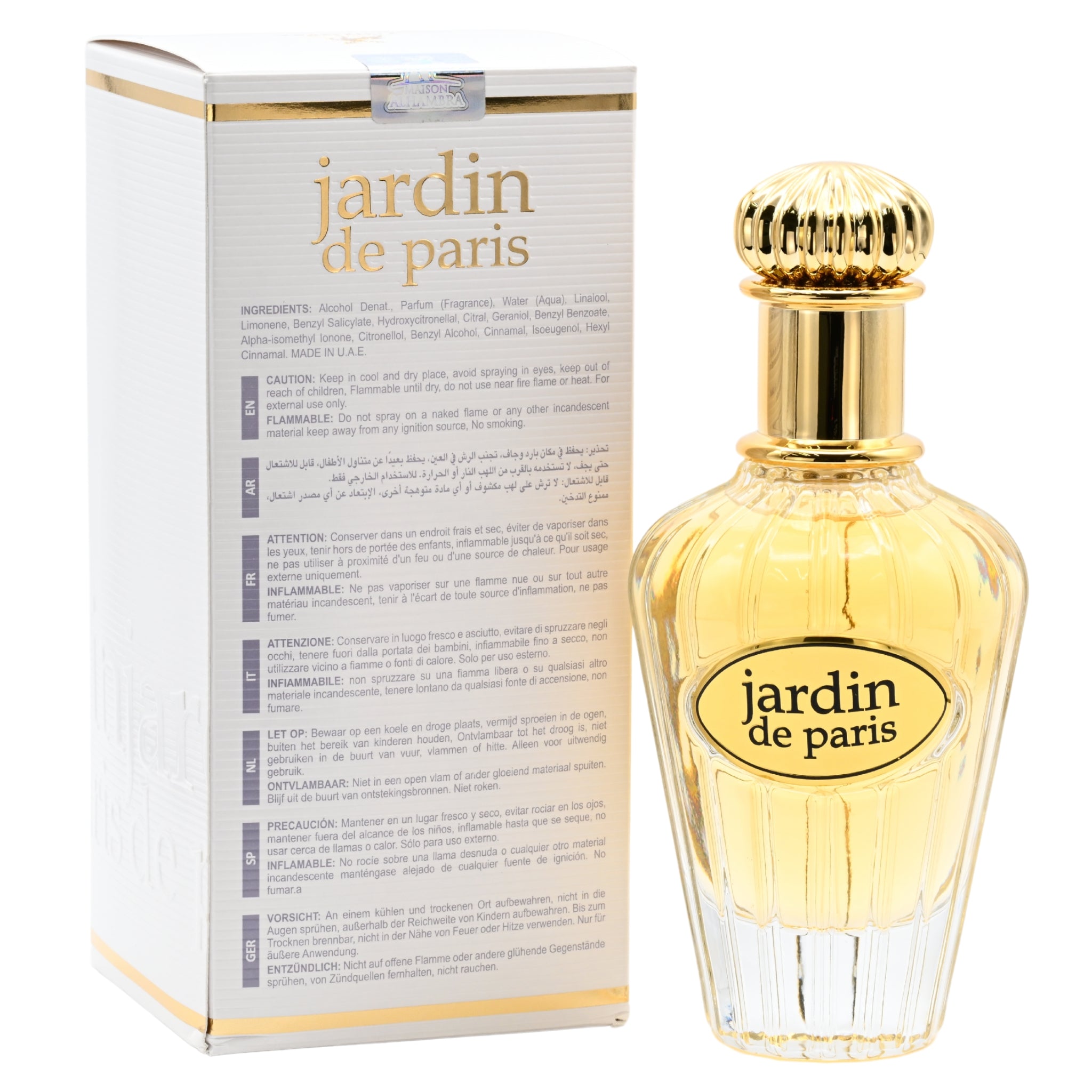 Jardin de Paris perfume bottle and packaging on a white background