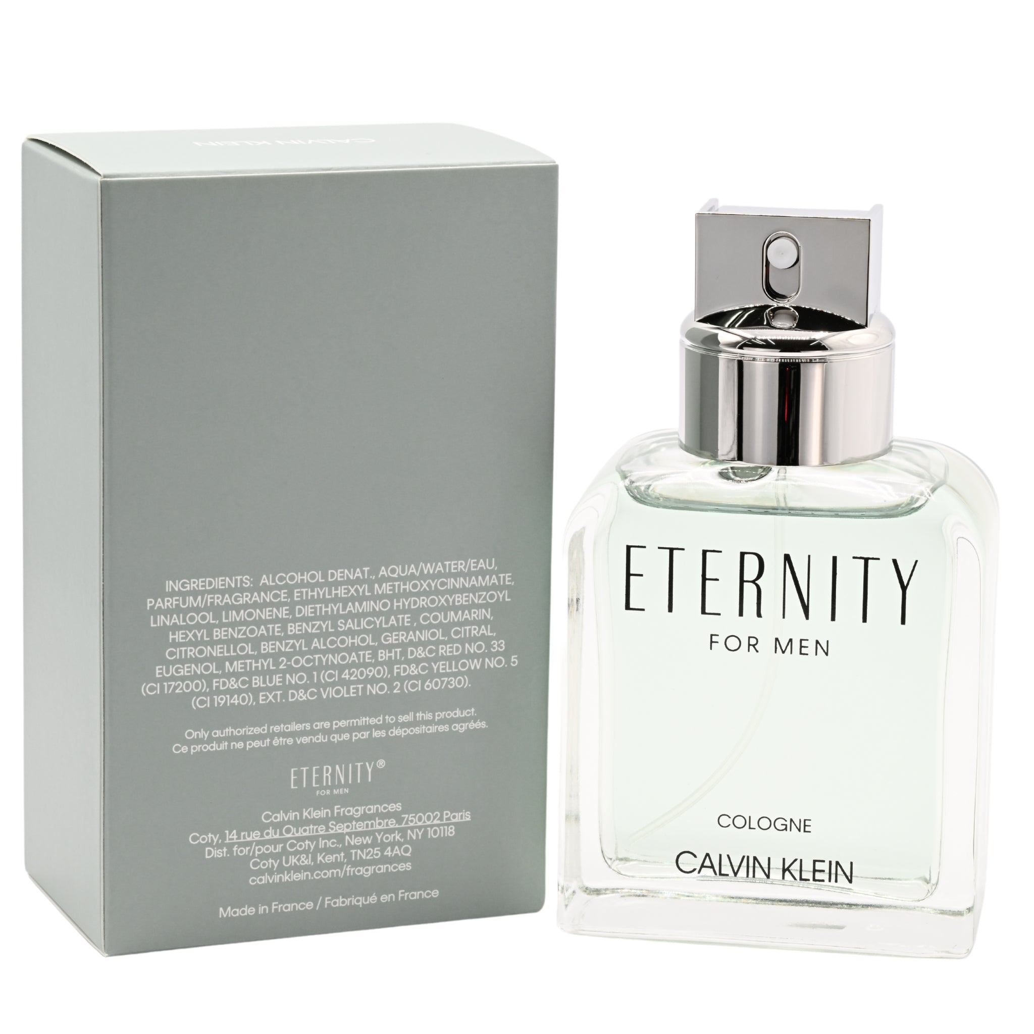 Calvin Klein Eternity cologne bottle and packaging on a white background