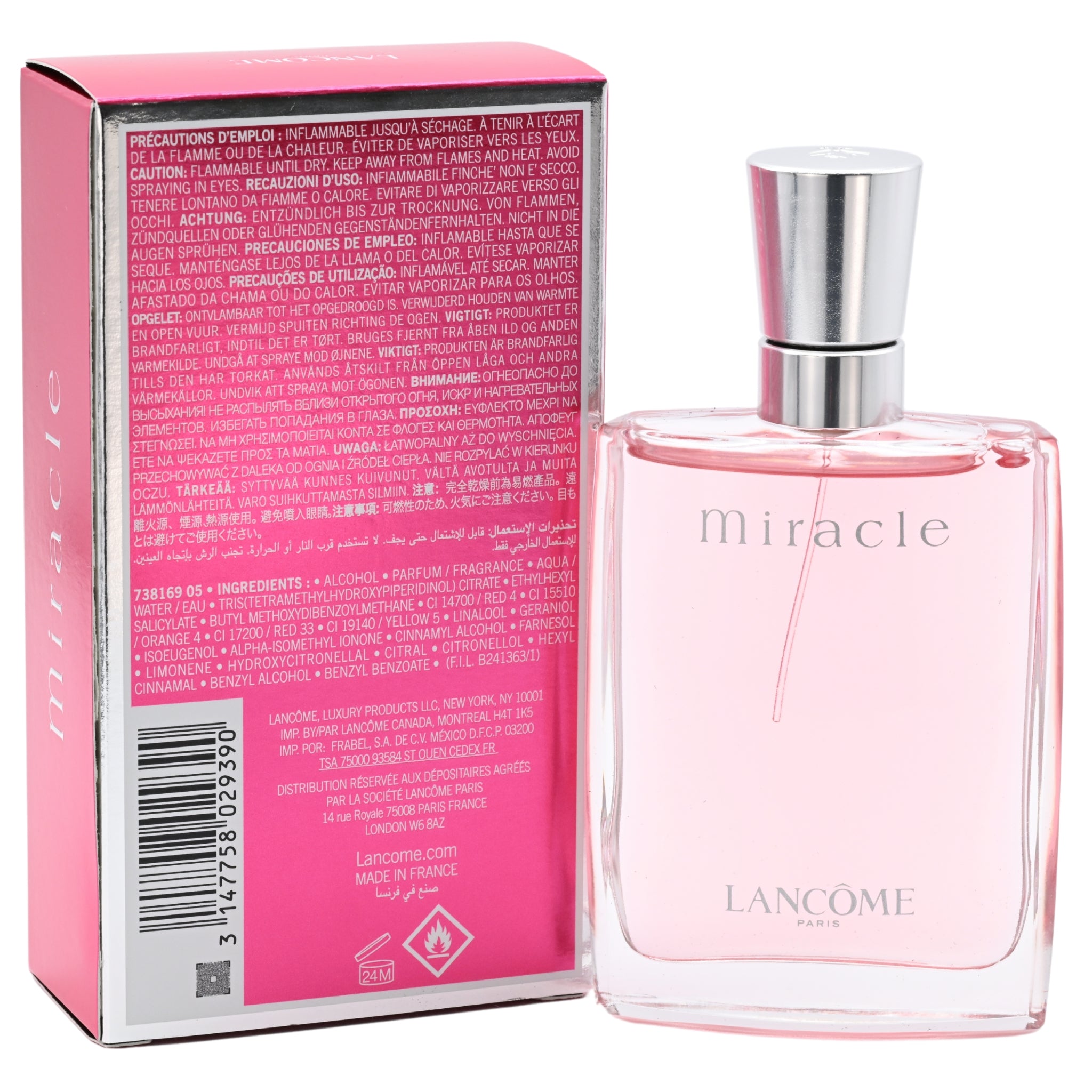 Lancome Miracle perfume bottle and packaging on a white background