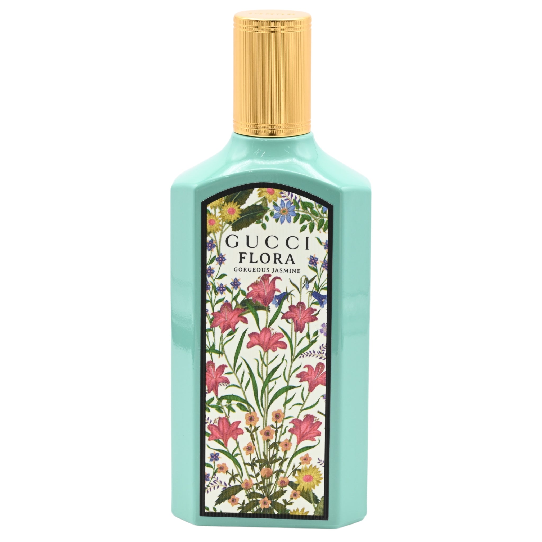 Gucci Flora perfume bottle with floral design on a white background