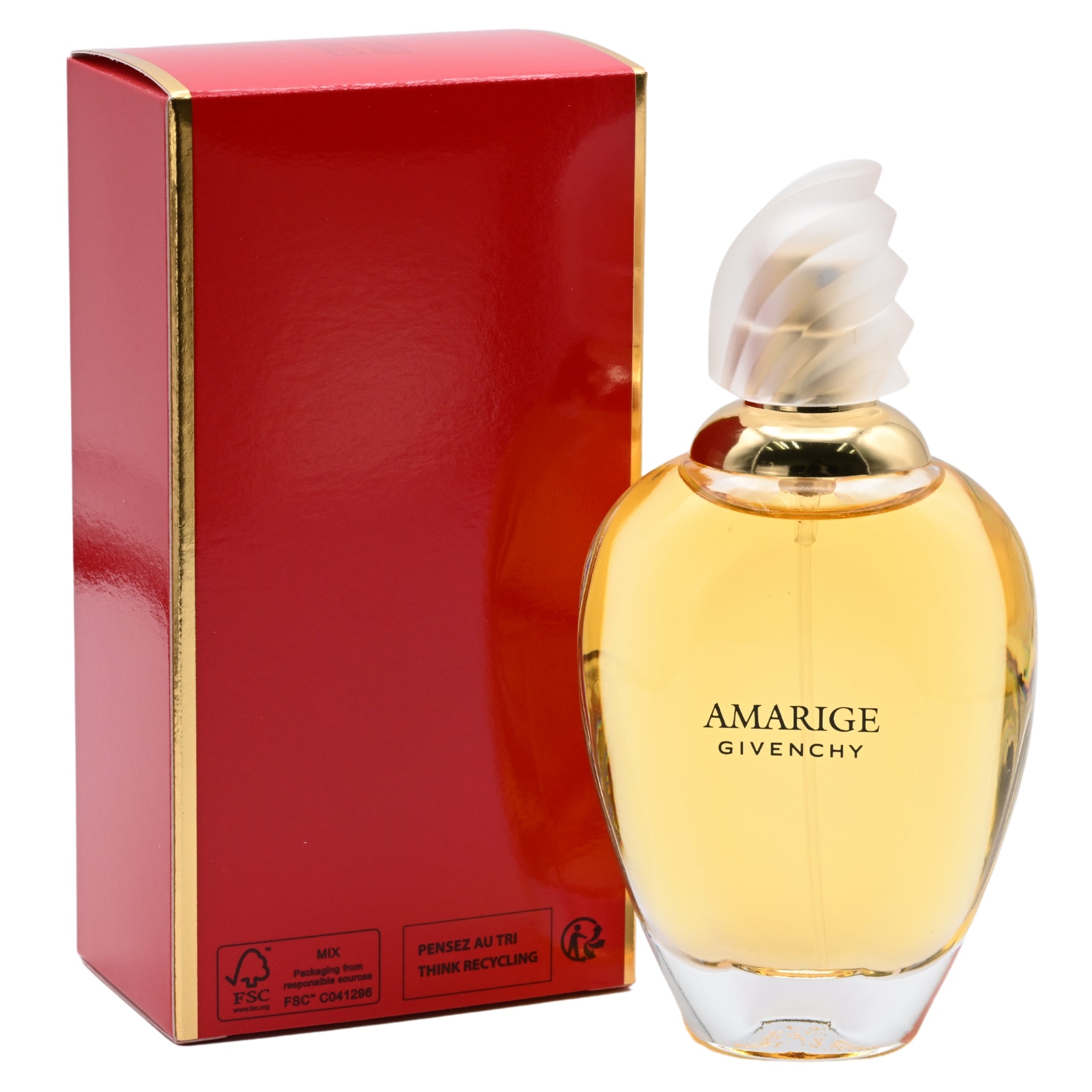 Perfume bottle and red box of Givenchy Amarige on a white background
