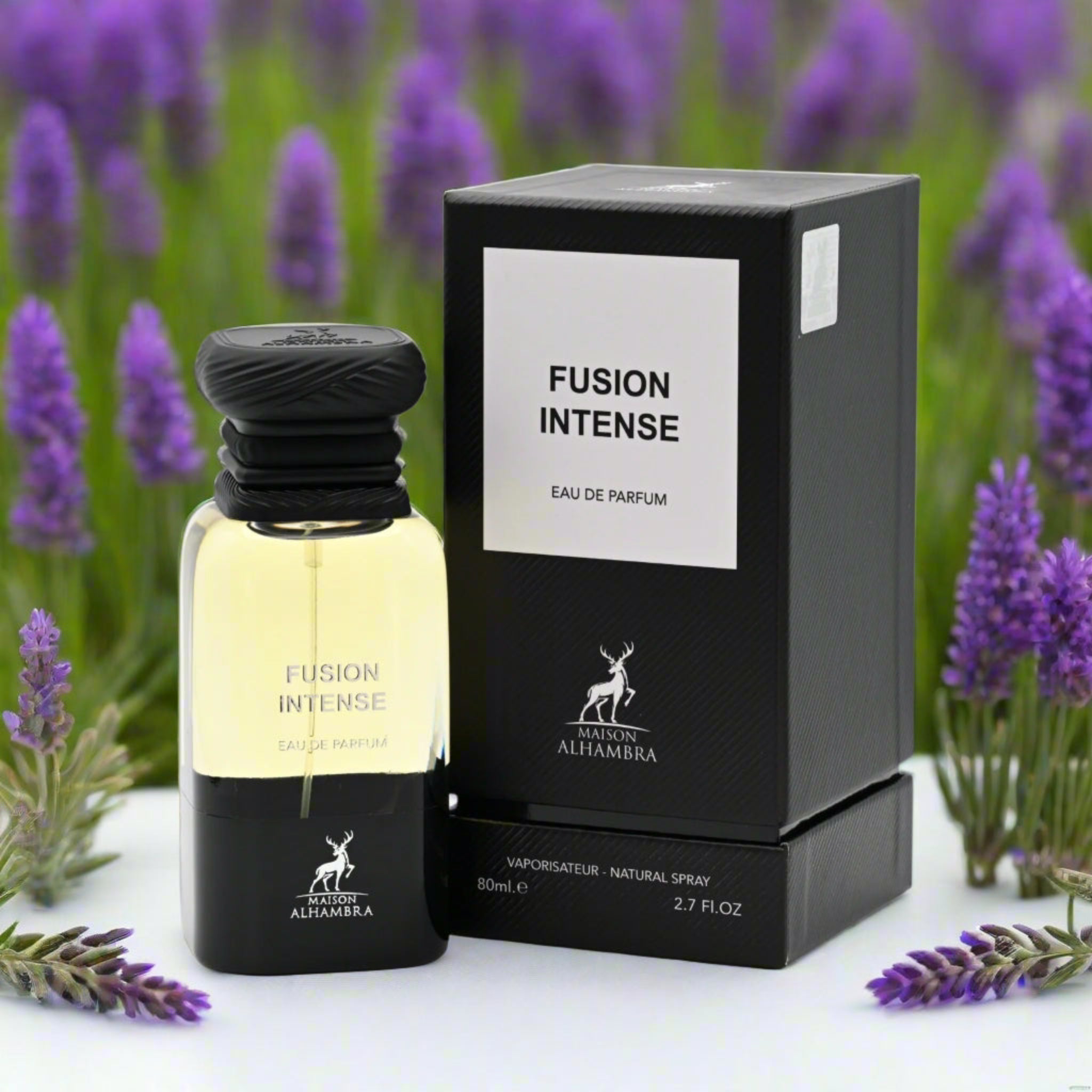 Fusion Intense perfume bottle and packaging with lavender flowers in the background