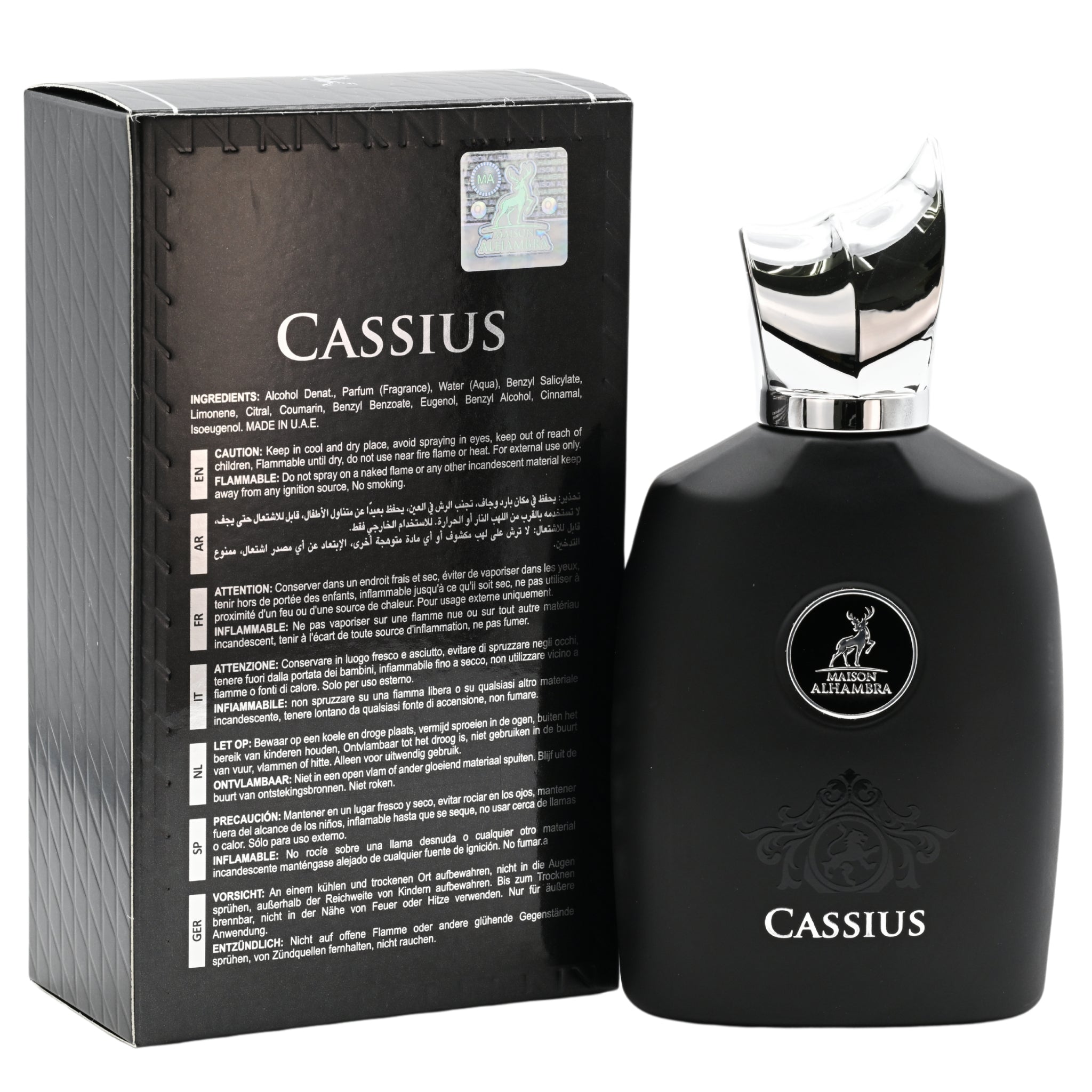 Black Cassius perfume bottle with packaging on a white background