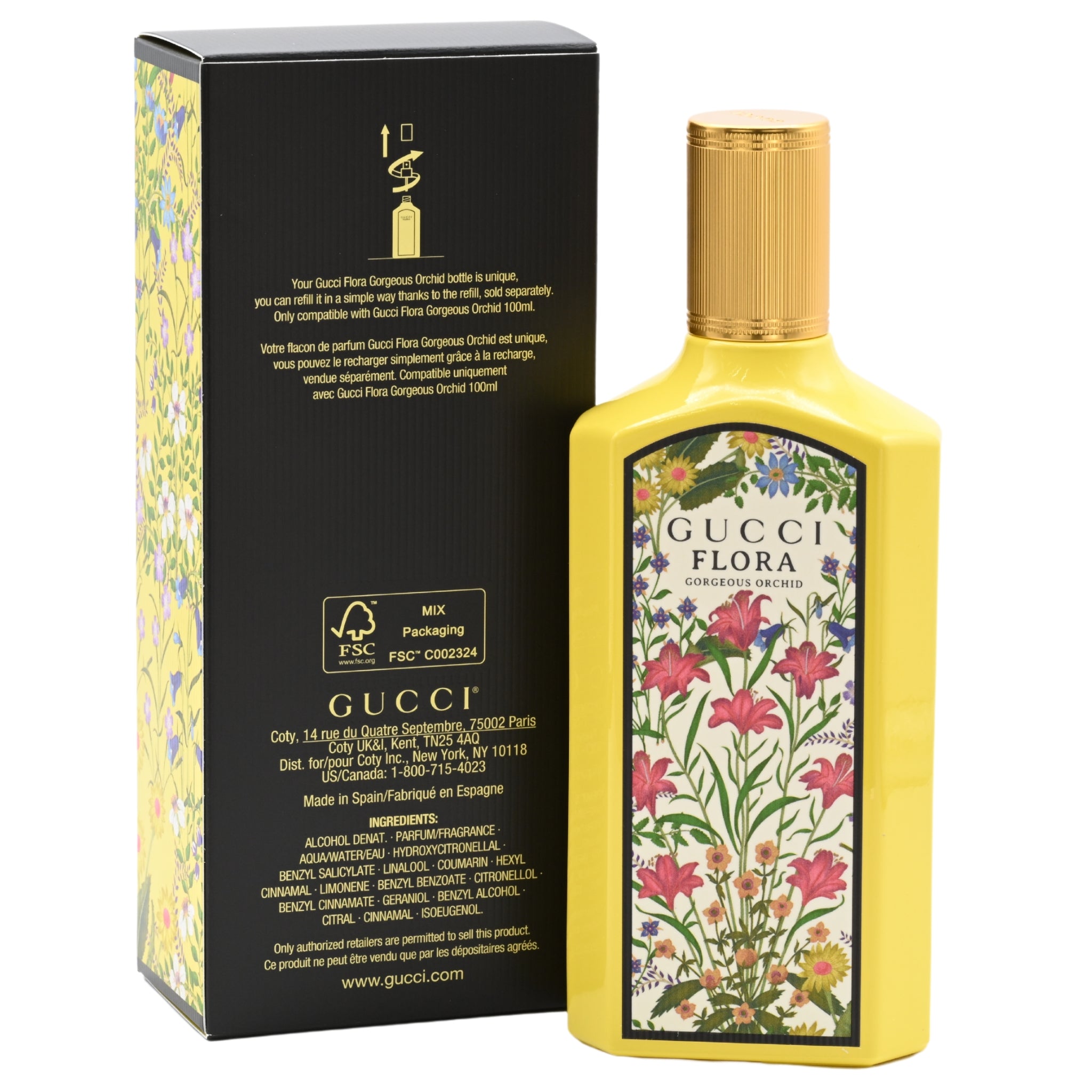 Gucci Flora perfume bottle with floral design and packaging on a white background