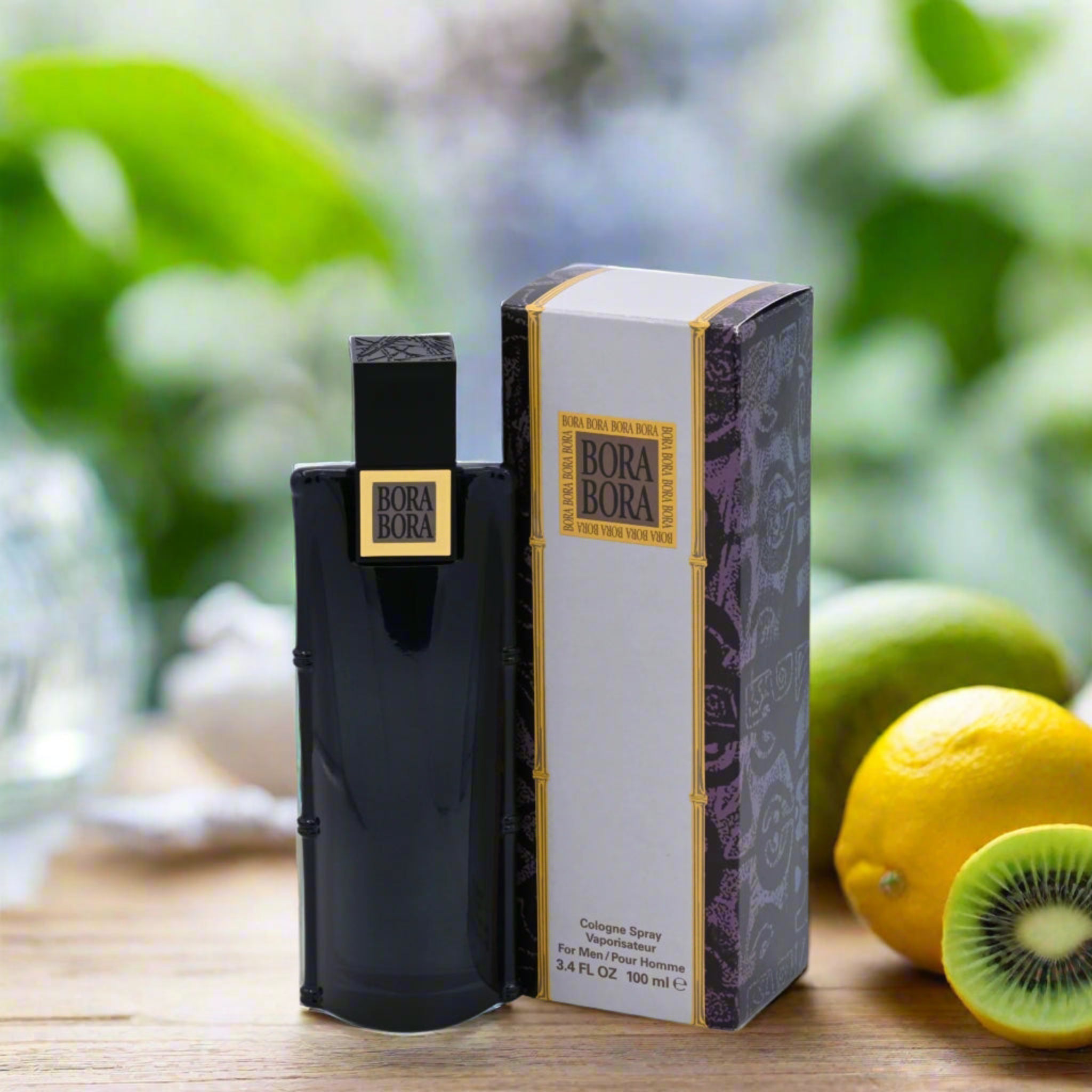 Black Bora Bora cologne spray bottle with packaging on a white background