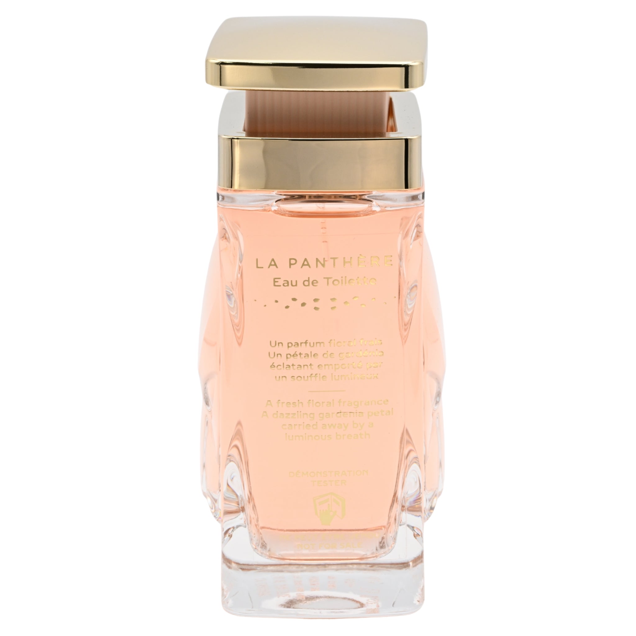 Perfume bottle with gold cap on a white background