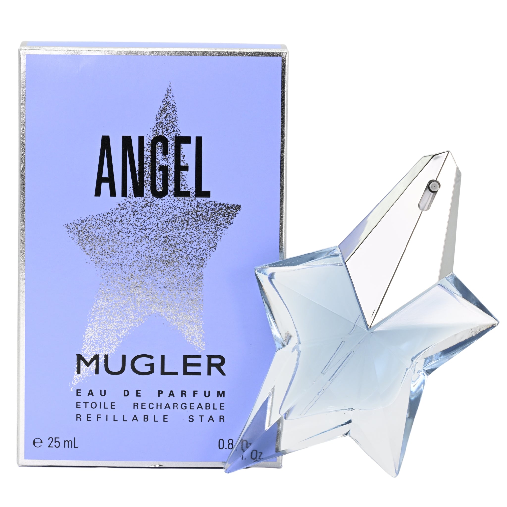 Star shaped Thierry Mugler perfume bottle and box on a white background