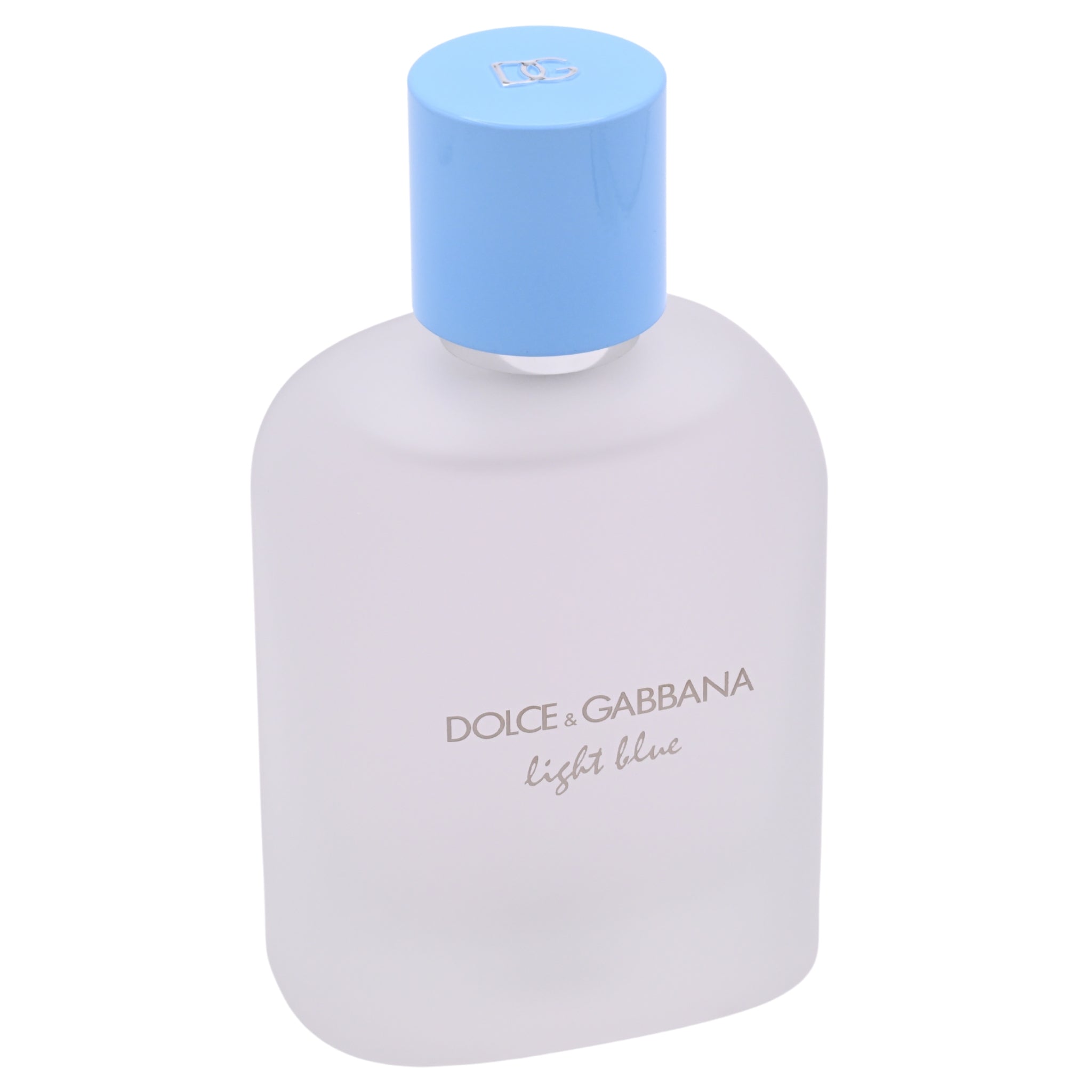 Dolce & Gabbana perfume bottle with light blue cap on a white background