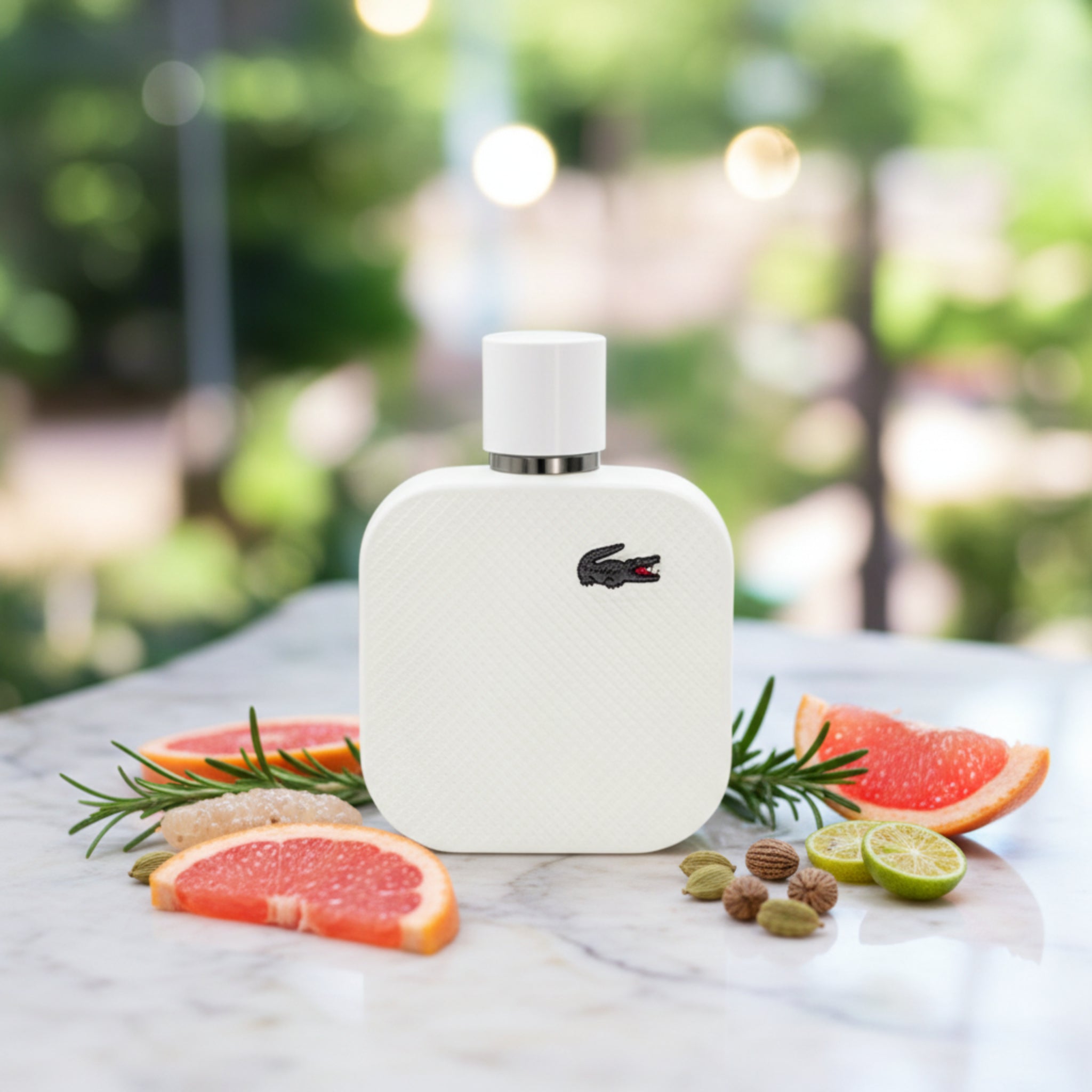 White Lacoste perfume bottle on a reflective surface with blurred greenery in the background