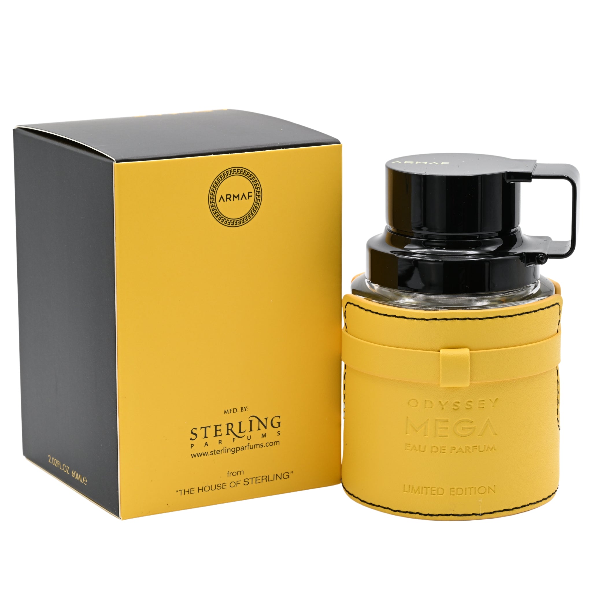Yellow perfume bottle with black cap and 'Sterling' branding next to its packaging on a white background