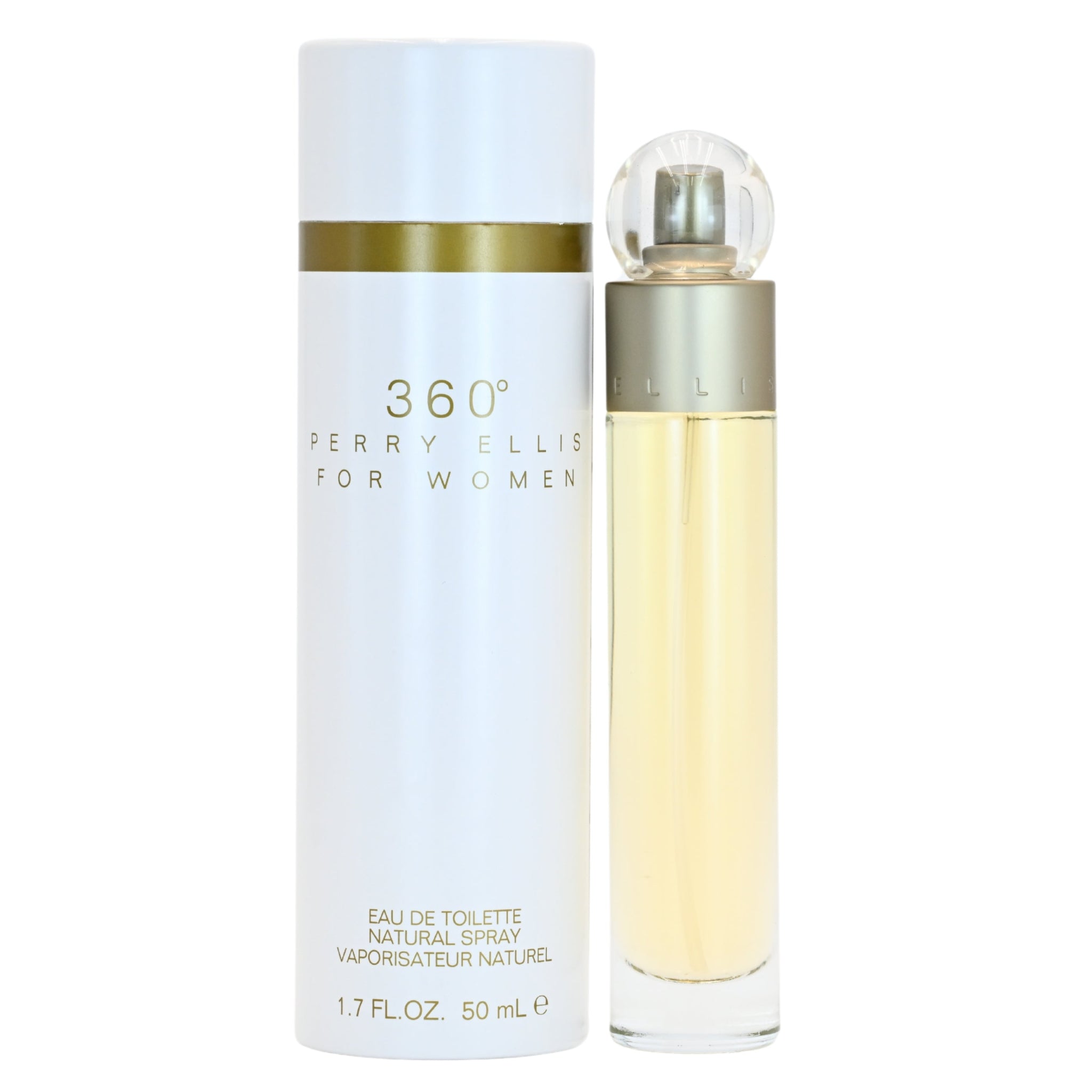A new in box bottle of 360 by Perry Ellis for women EDT perfume, with a white bottle and gold accents.