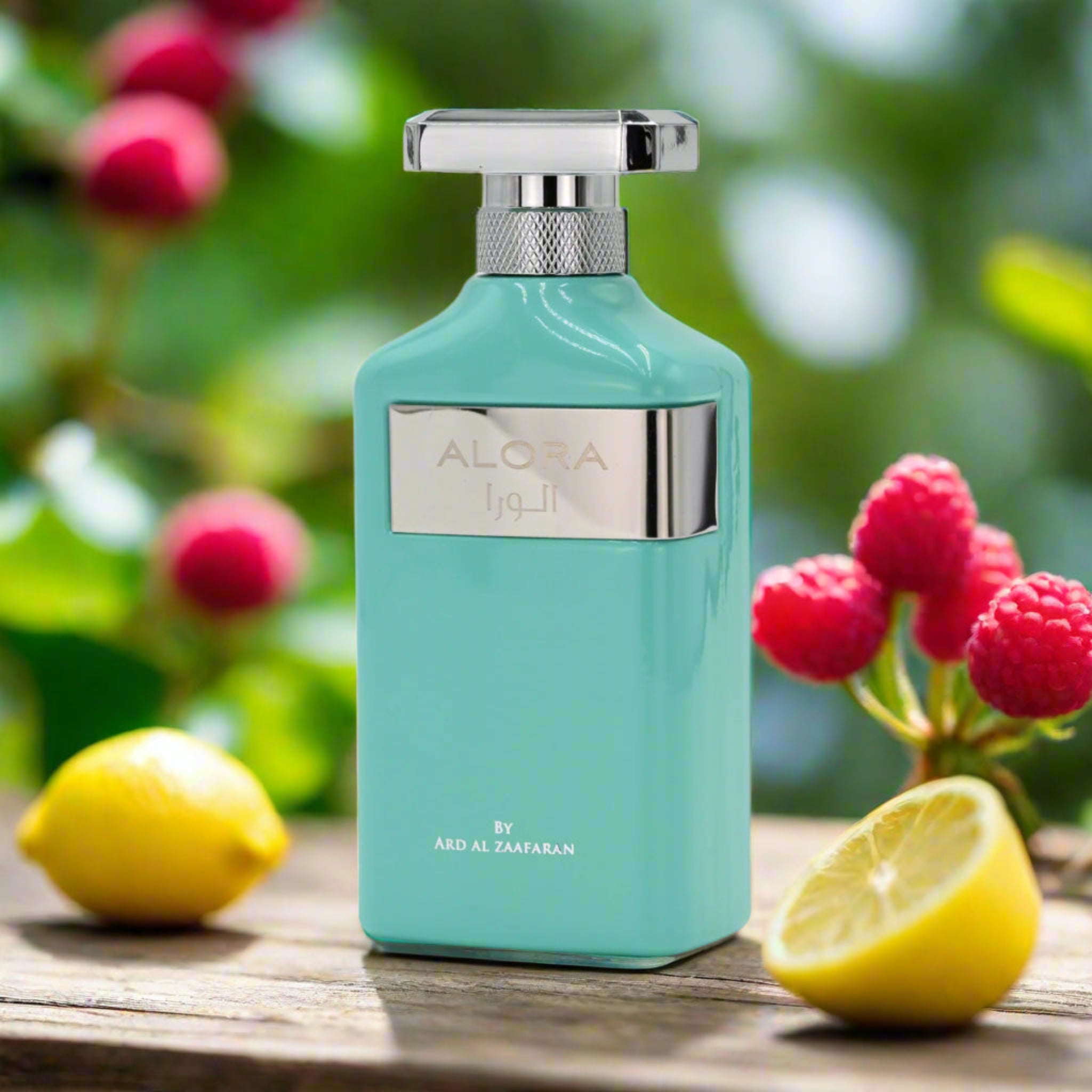 Turquoise perfume bottle with silver cap labeled 'ALORA' on a wooden surface with lemons and raspberries.