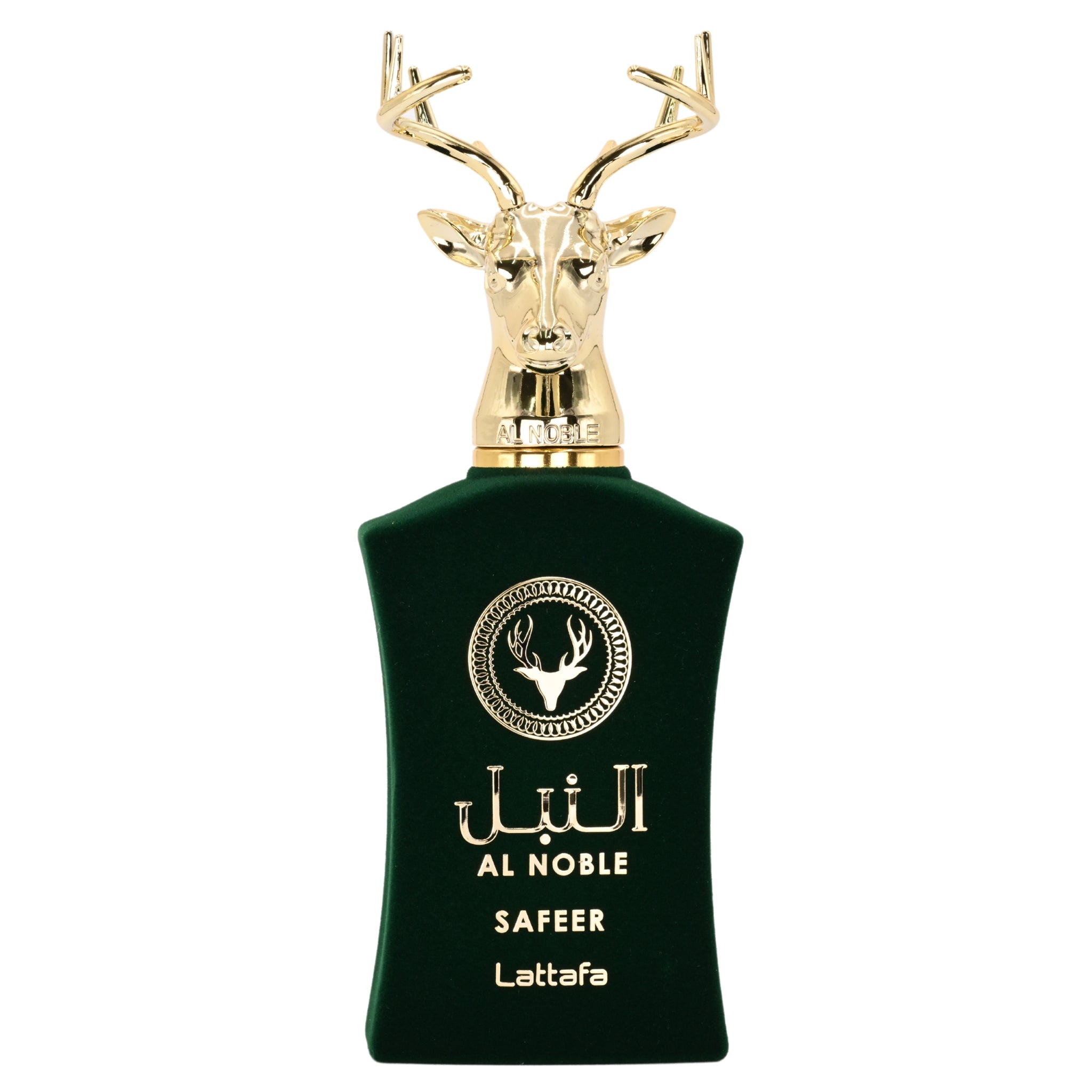 Green perfume bottle with gold deer head design on a white background