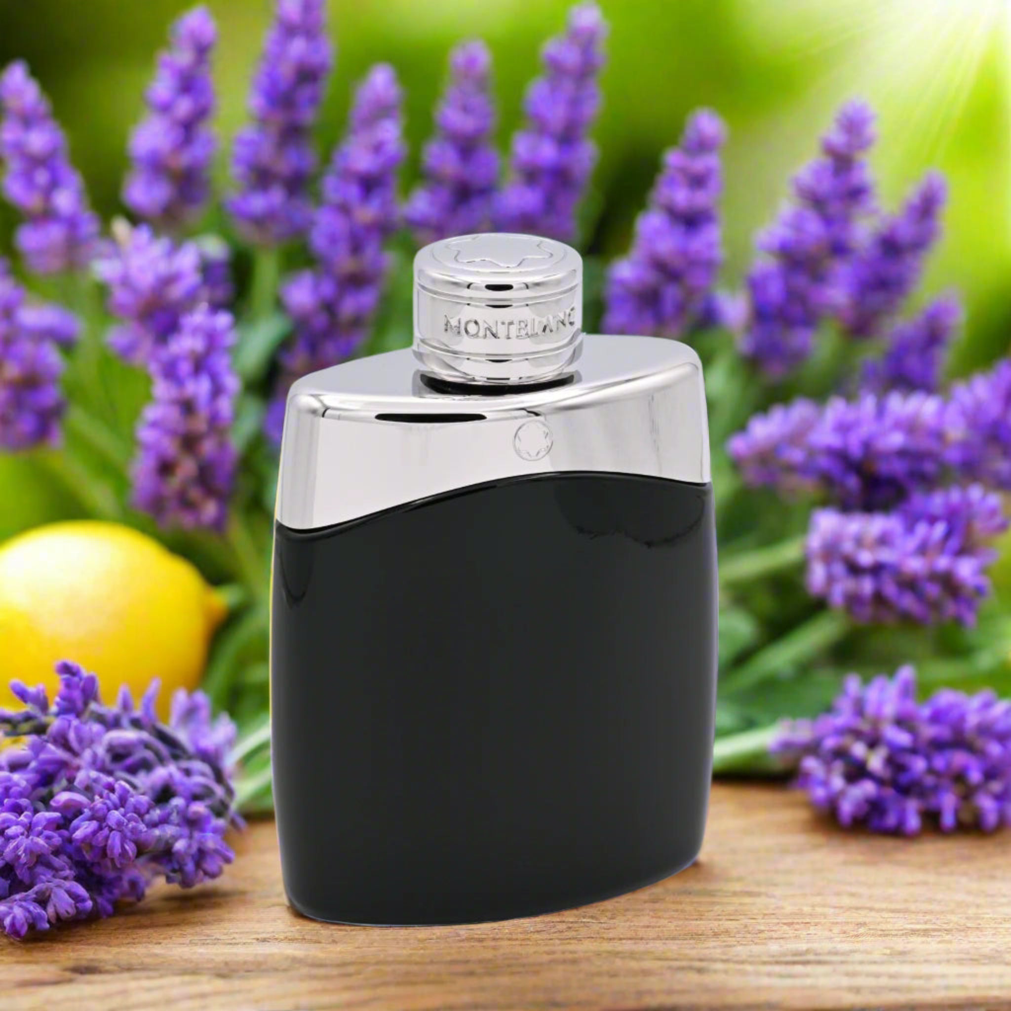 Black and silver Montblanc perfume bottle on a white background