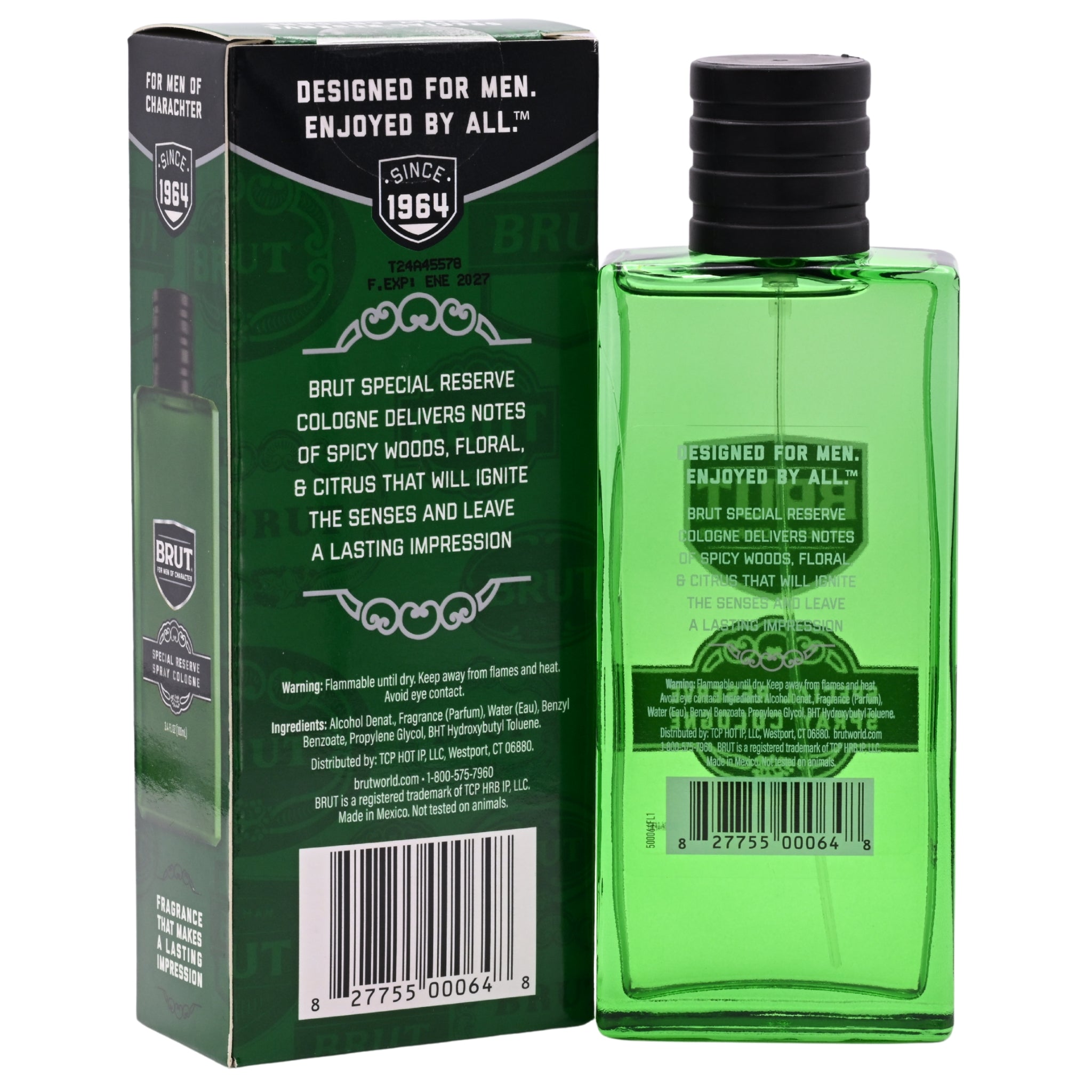 Green cologne bottle and packaging with branding on a white background