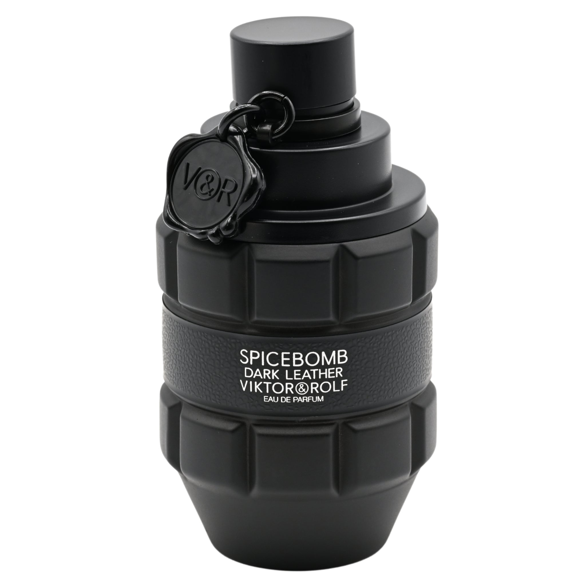 Black perfume bottle shaped like a grenade with 'Viktor & Rolf Spicebomb Dark Leather' text on a white background