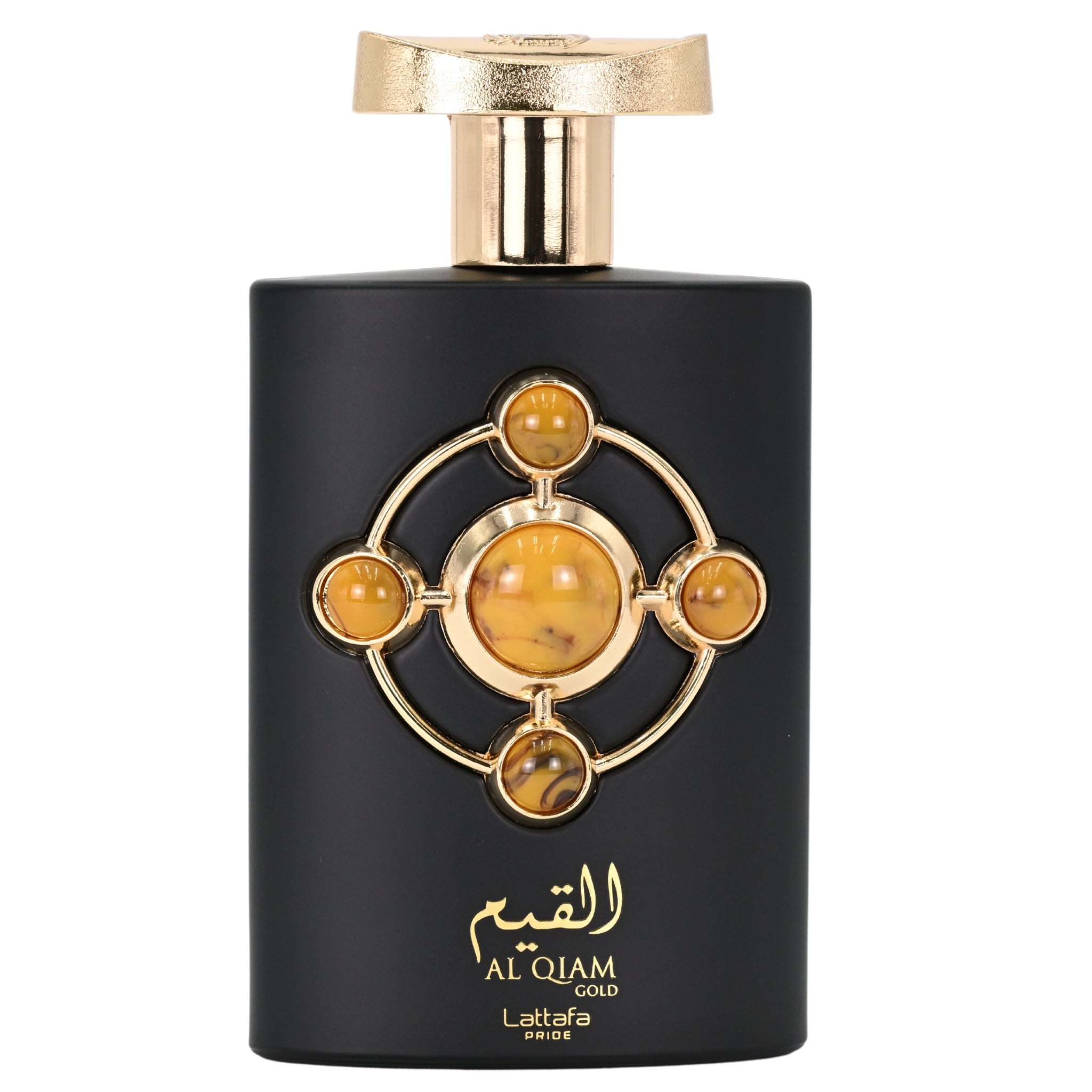 Black perfume bottle with gold accents and 'Al Qalam' branding on a white background
