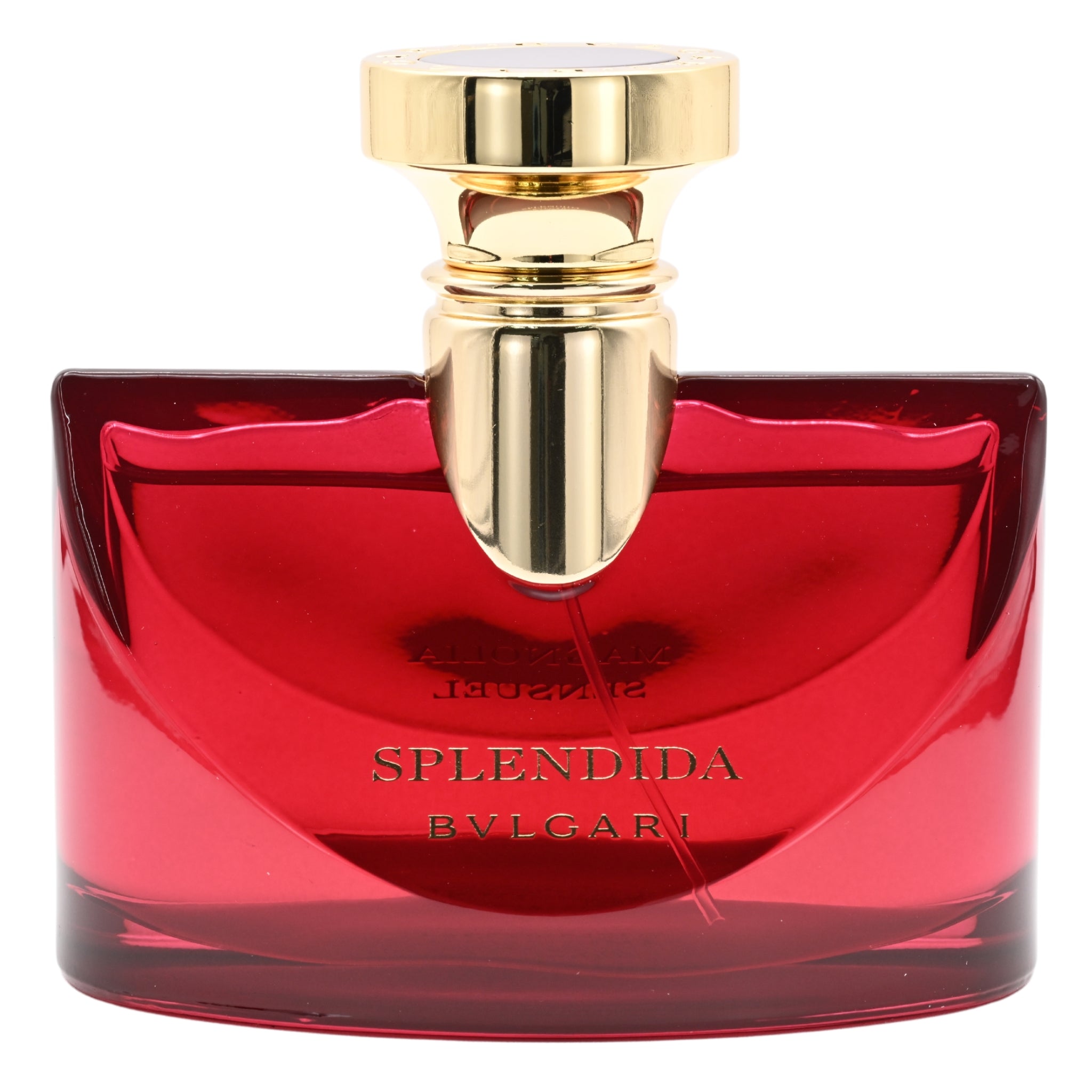 Bulgari Splendida perfume bottle with red body and gold cap on a white background
