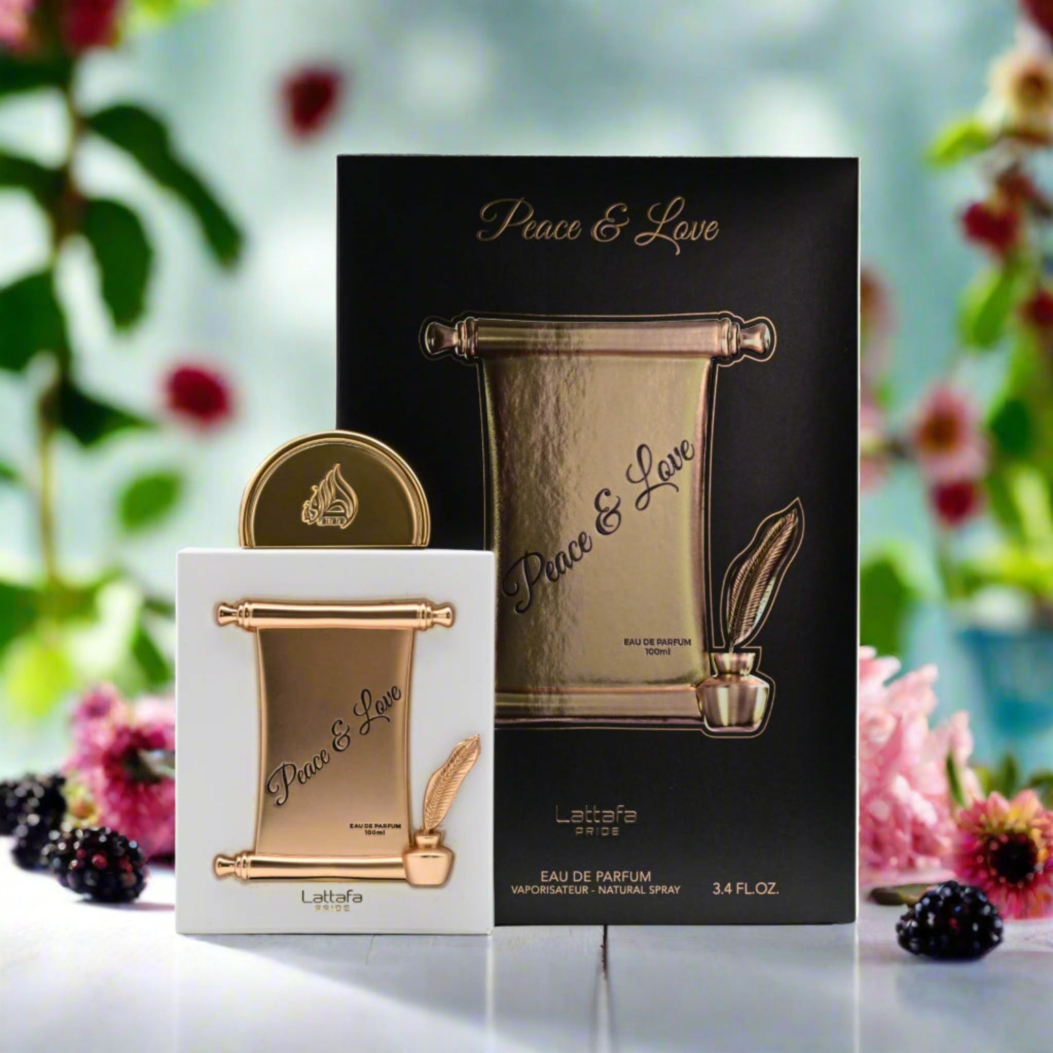 Peace & Love perfume bottle and packaging with a floral background