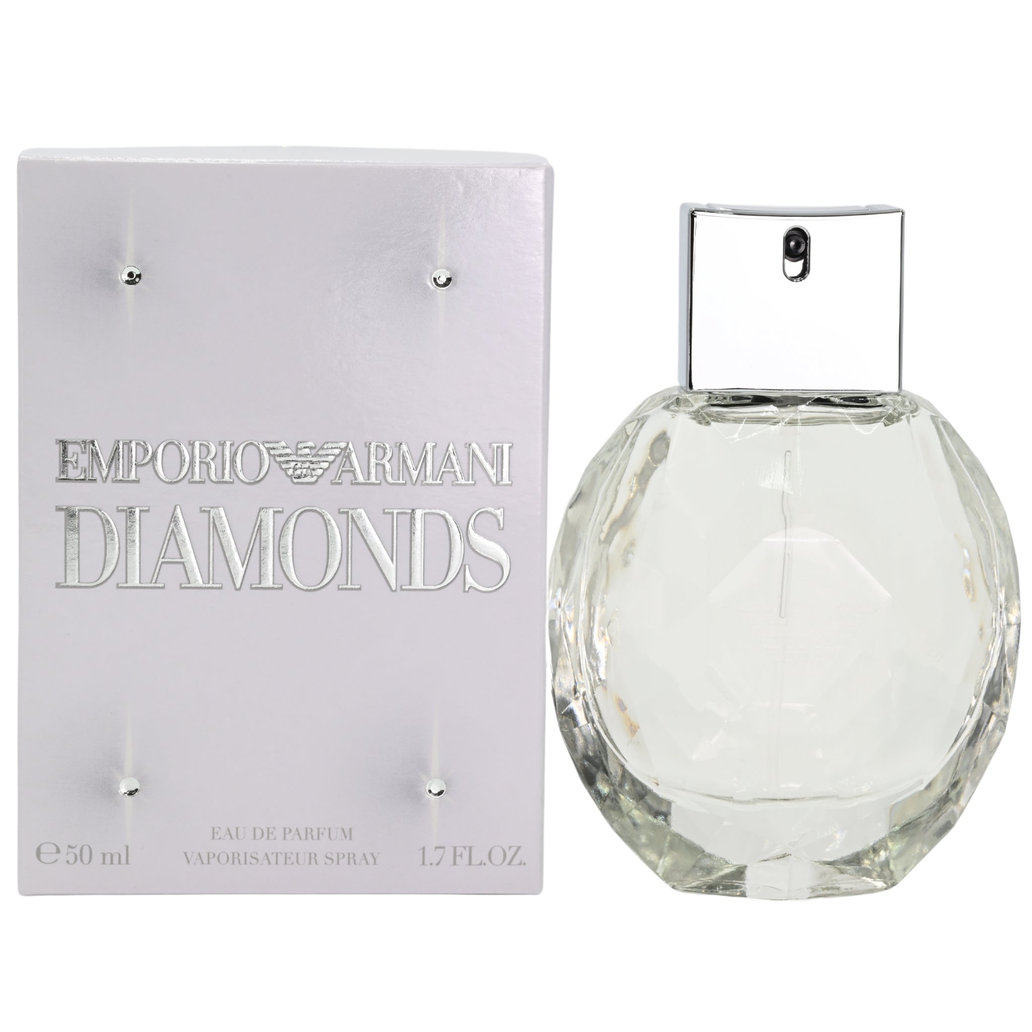 Emporio Armani Diamonds perfume bottle and packaging on a white background