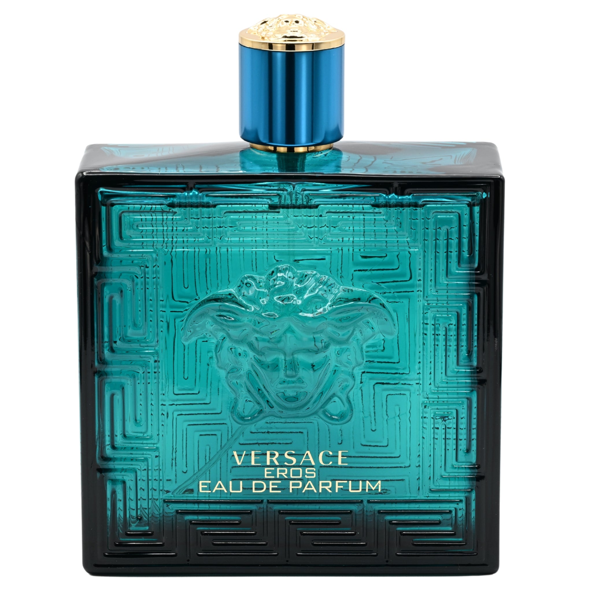 Versace Eros Eau de Parfum bottle with blue cap on a white background