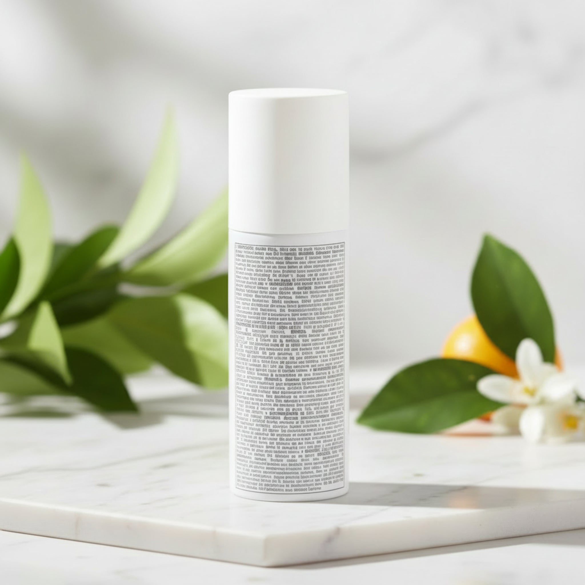 White cylindrical product with text on a reflective surface with a plant in the background