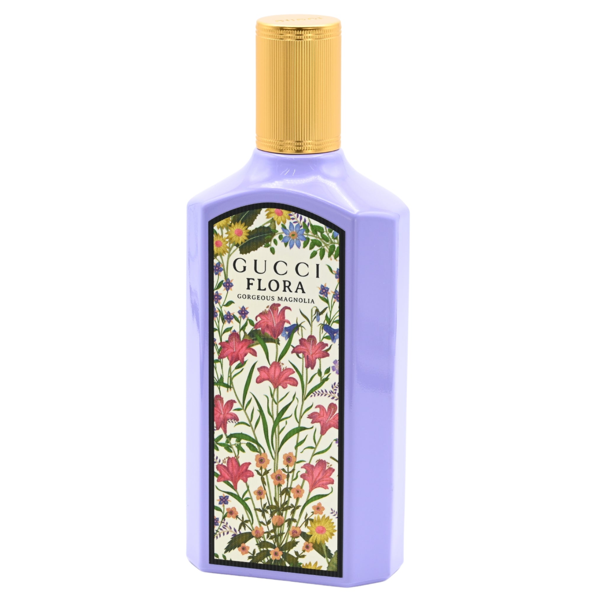 Gucci Flora perfume bottle with floral design on a white background