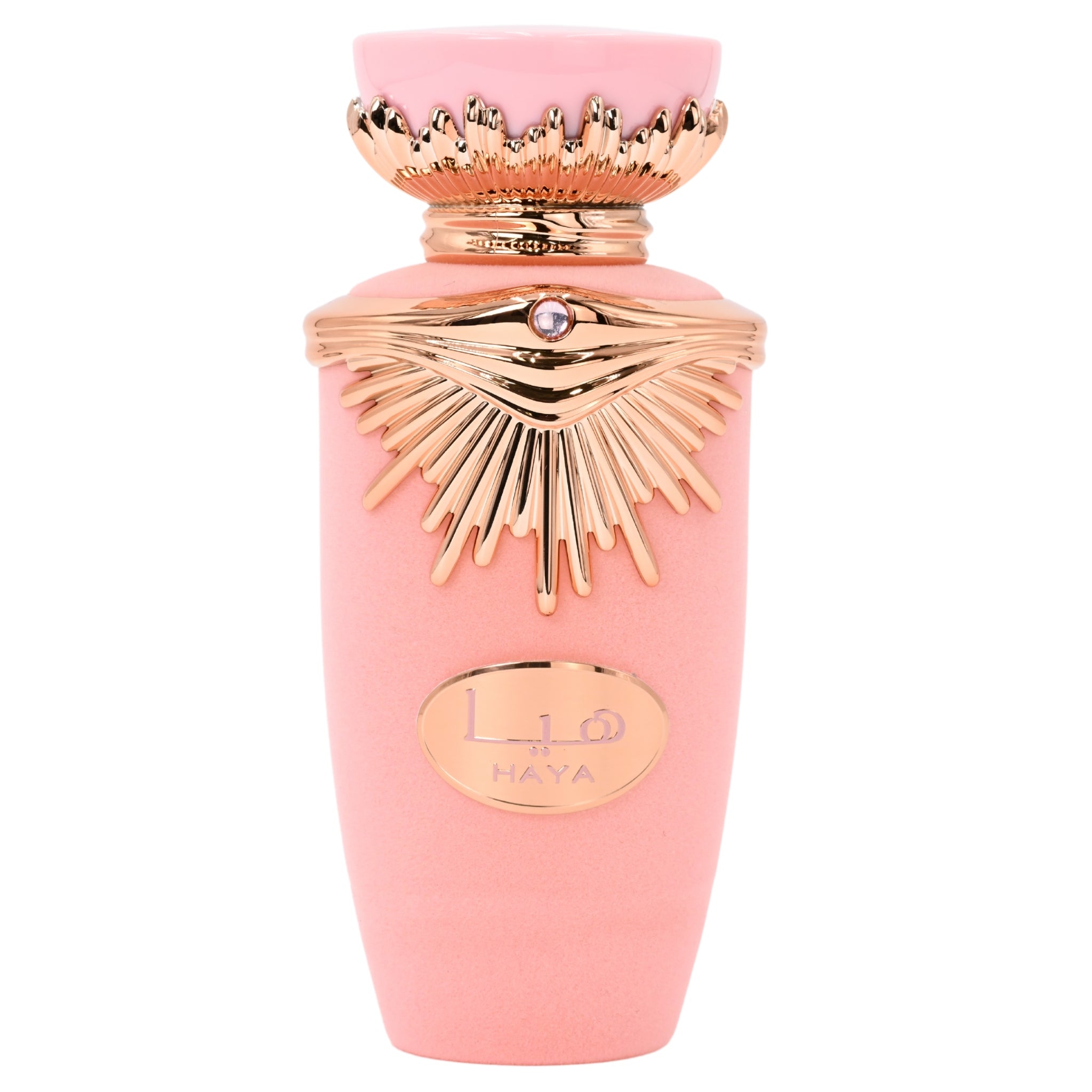 Pink perfume bottle with gold accents on a white background