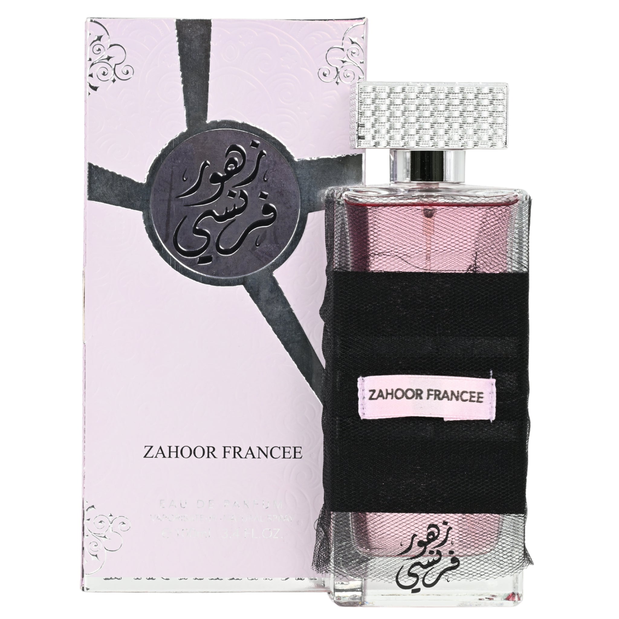 Perfume bottle with packaging featuring 'Zahoor Francee' branding on a white background