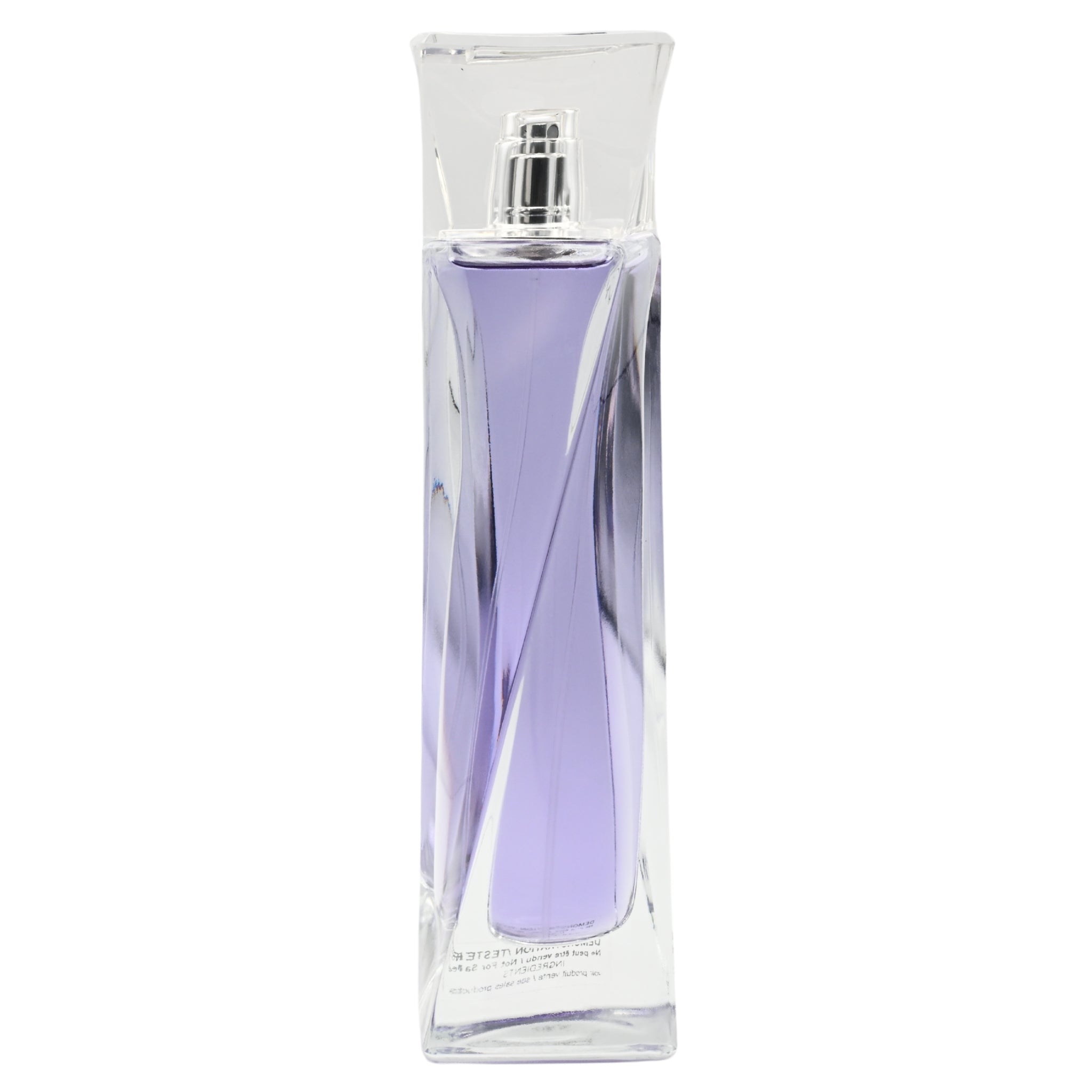 Perfume bottle with a clear glass body and purple liquid on a white background