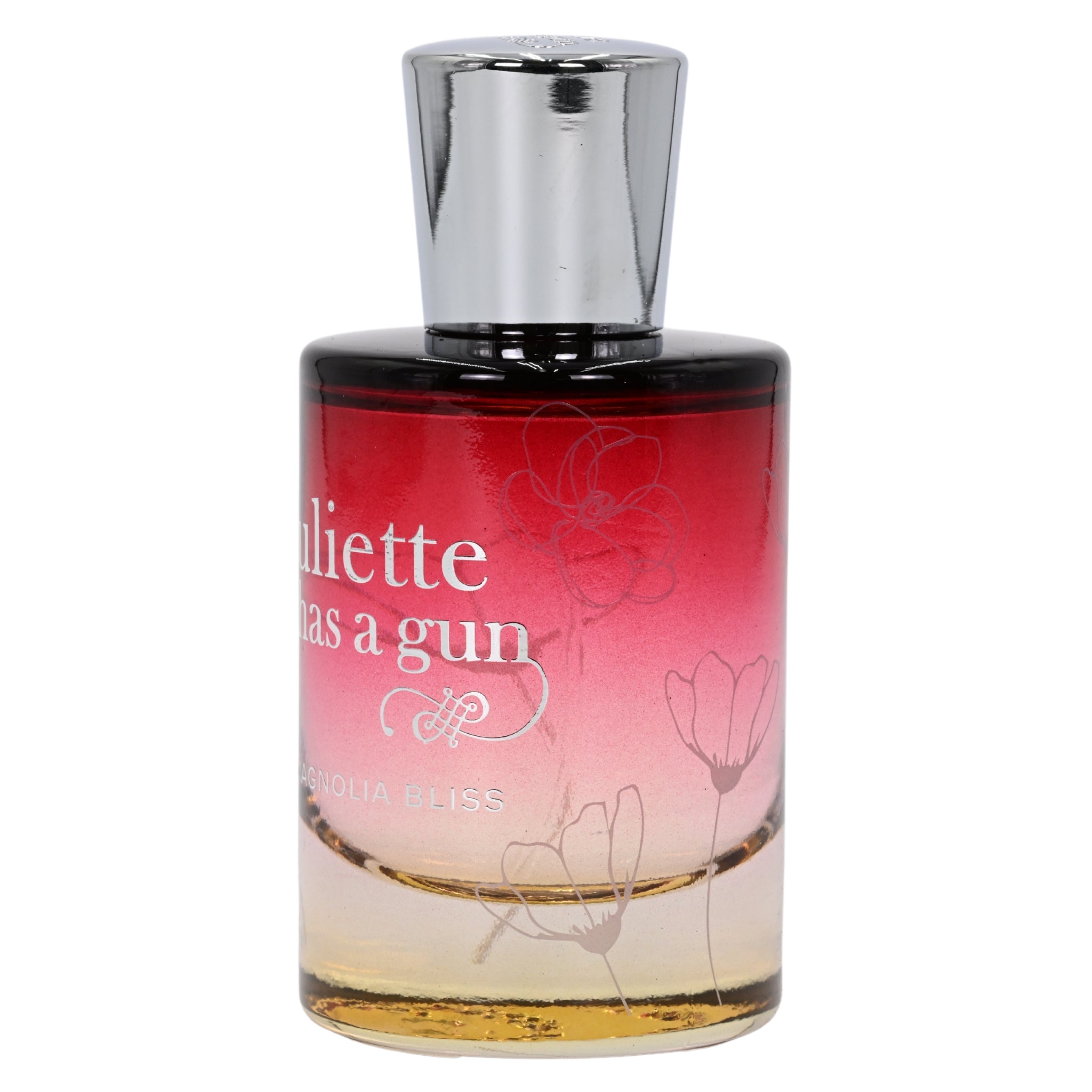 Perfume bottle with red label and silver cap on a white background