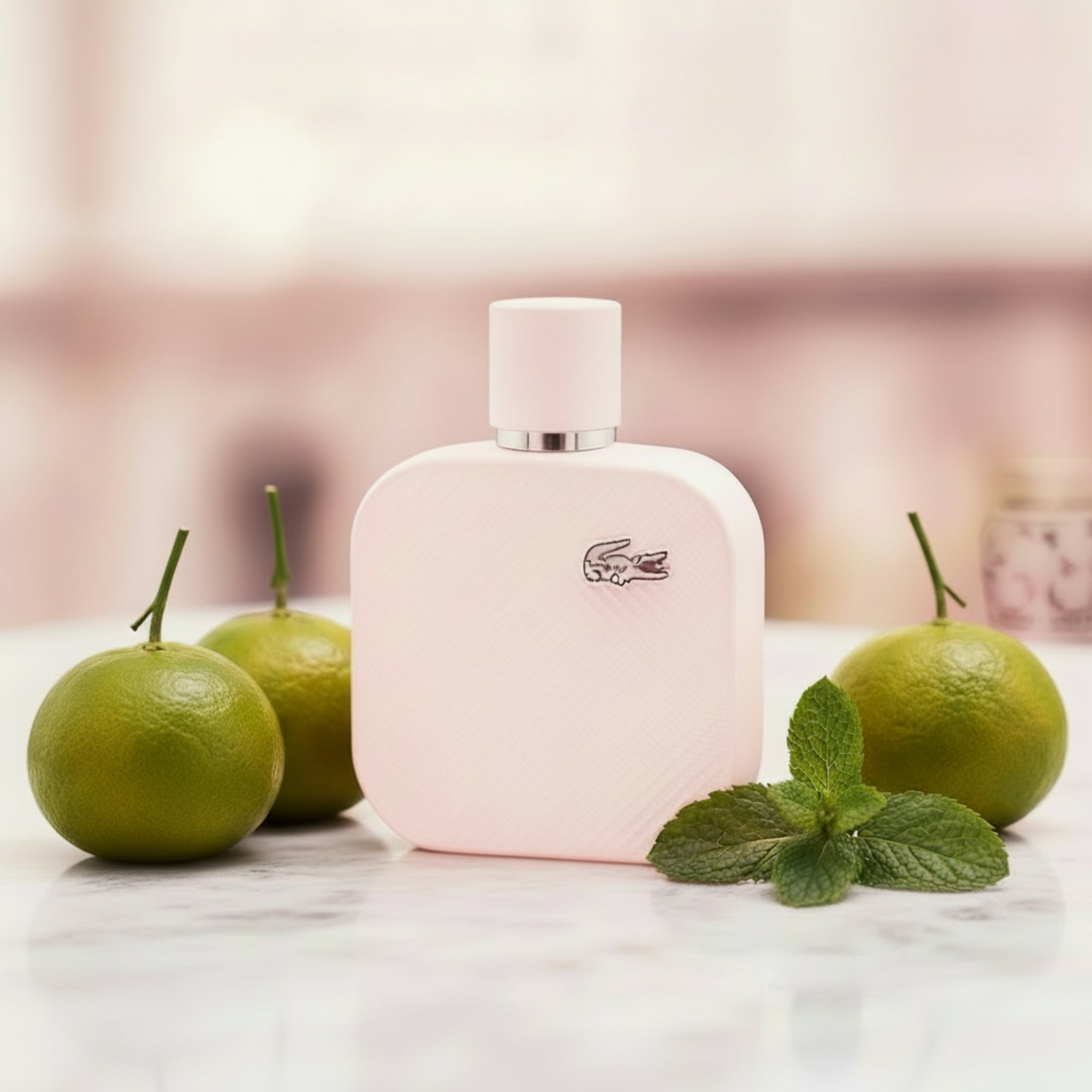Pink Lacoste perfume bottle with oranges and leaves in the background