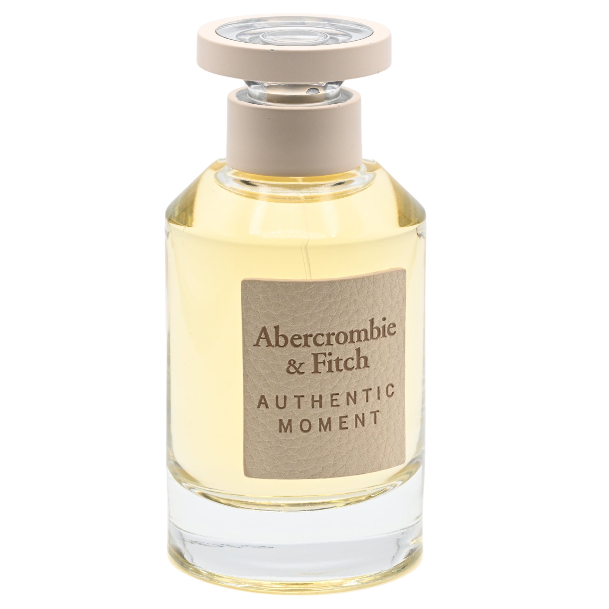 Perfume bottle labeled 'Abercrombie & Fitch Authentic Moment' on a white background