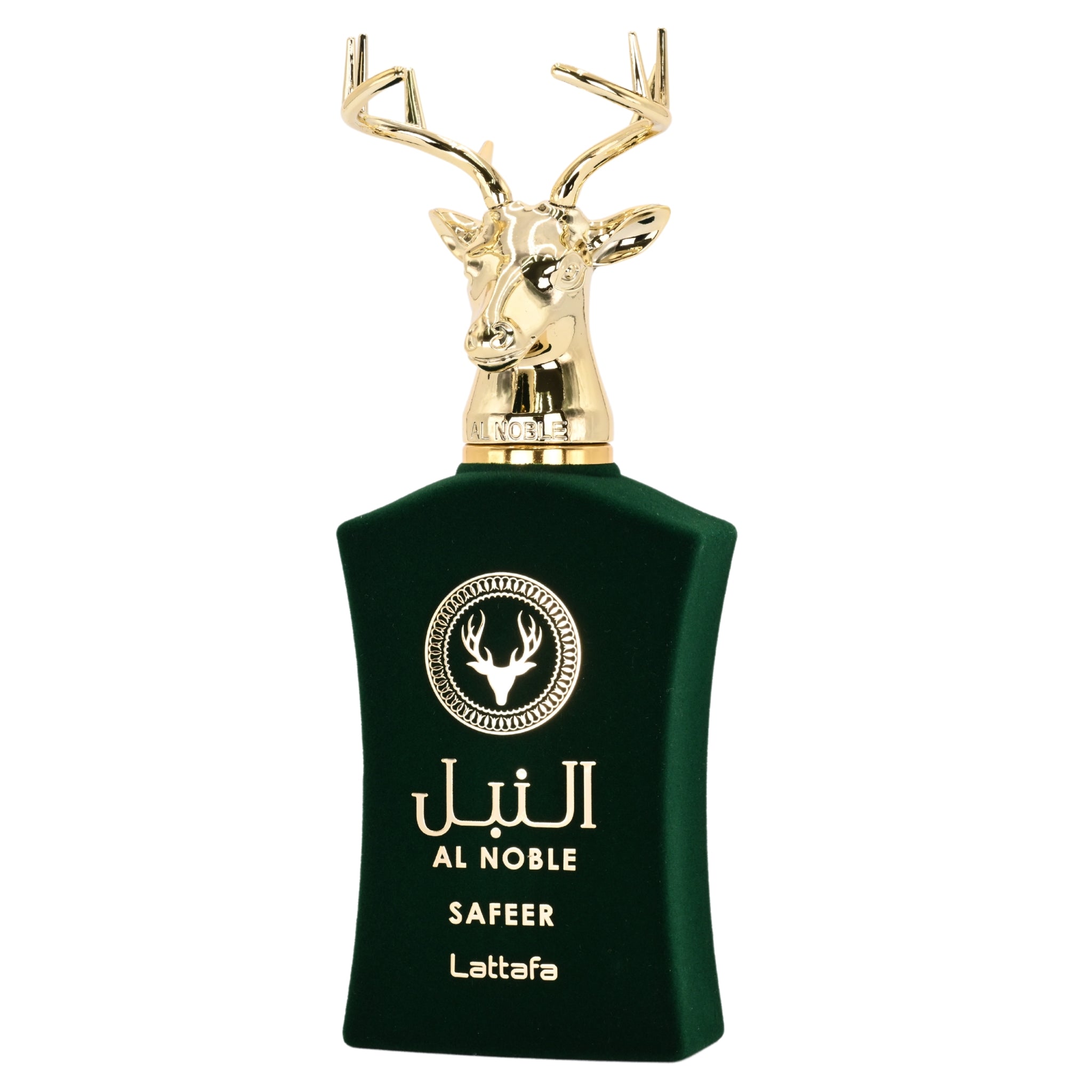 Green perfume bottle with gold deer head design on a white background