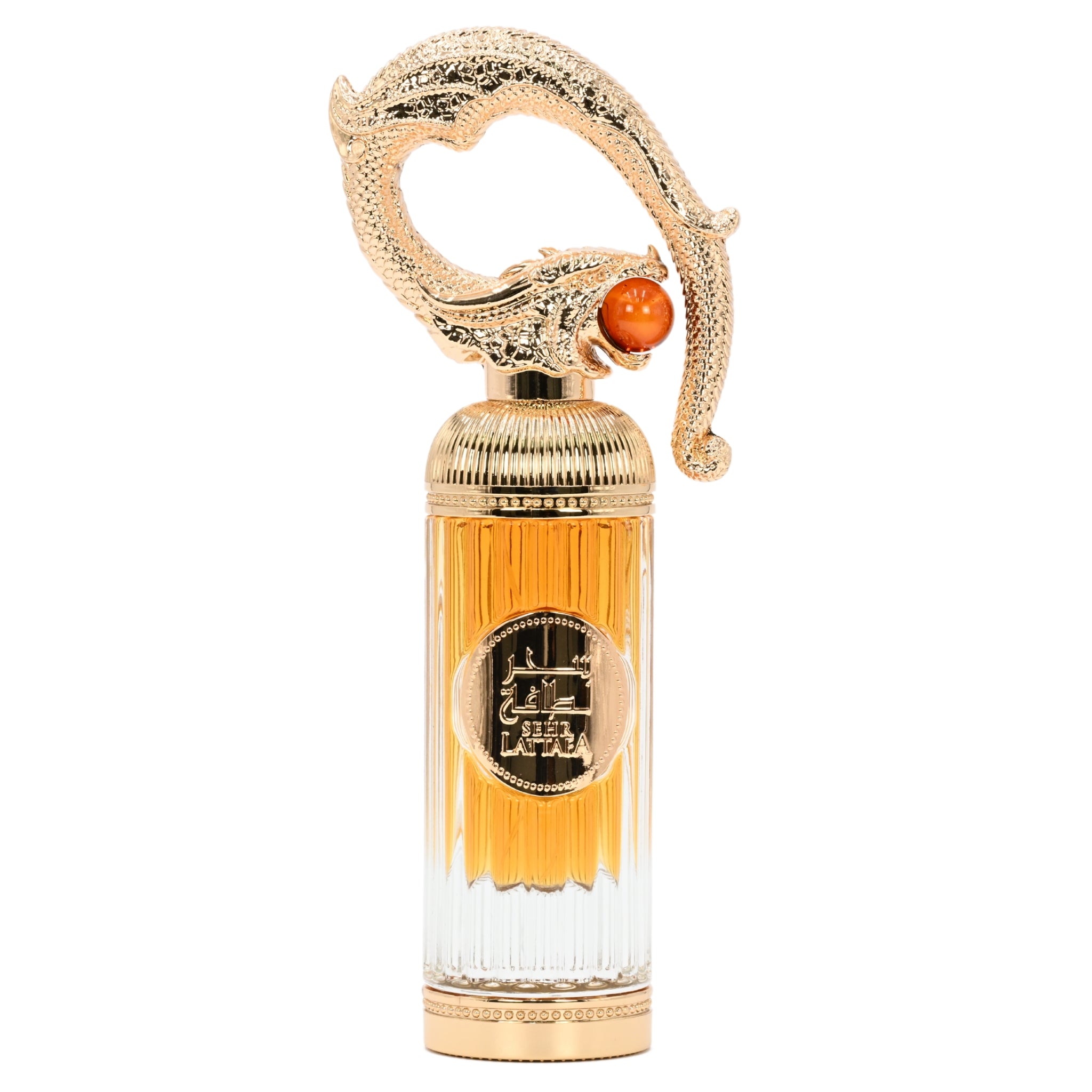 Perfume bottle with decorative cap on a white background